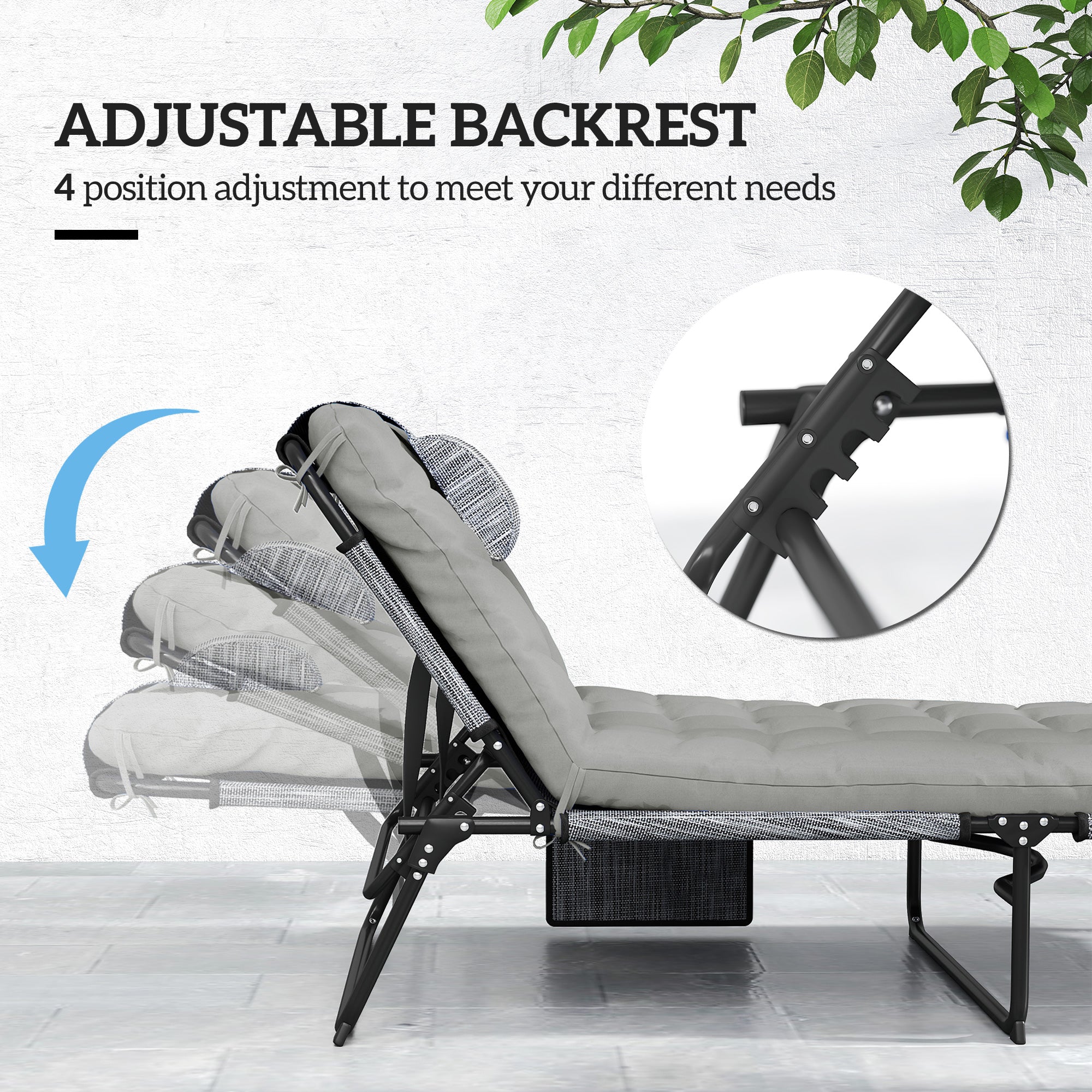 Folding Chaise Lounge Pool Chair with 4-level Reclining Back, Cushion, Side Pocket, Headrest, Gray