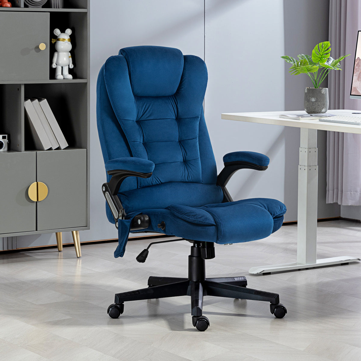 6 Point Executive Office Chair with Heat, Velvet High Back Vibrating Massage Office Chair, Drak Blue