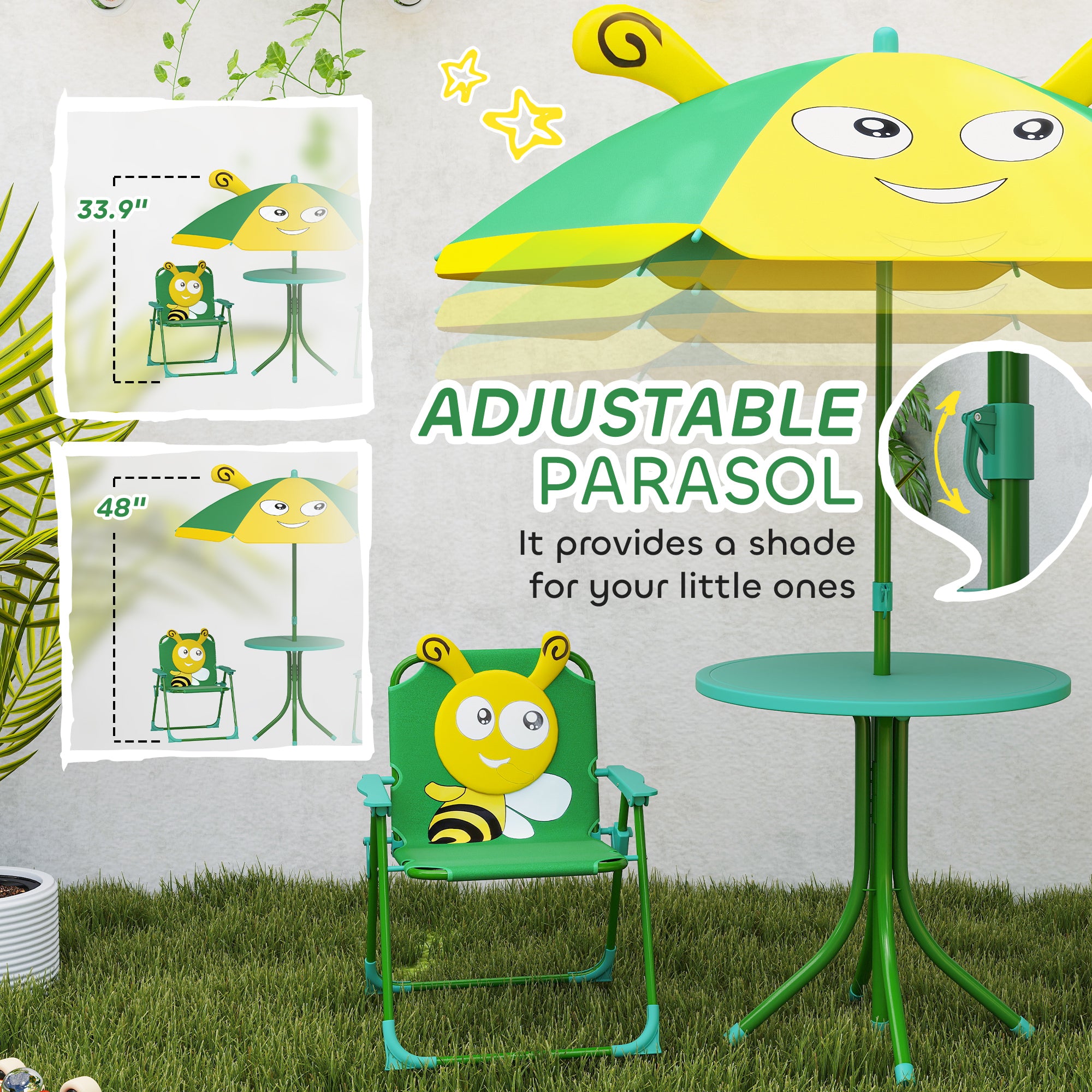 Kids Picnic Table and Chair Set, Outdoor Activity Table with Foldable Chairs, Height Adjustable Umbrella, Green