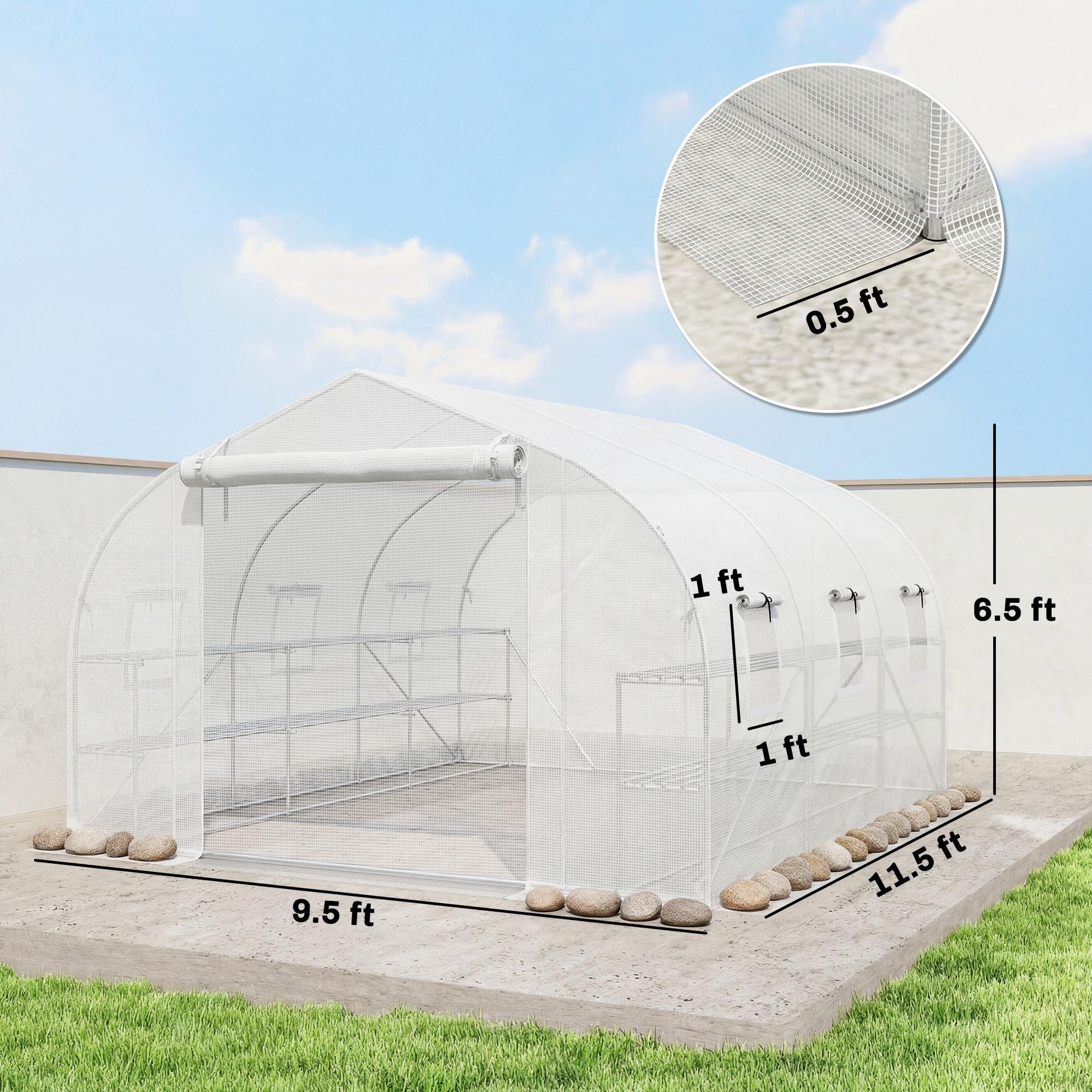 10'x11'x6' Walk-in Tunnel Greenhouse with Shelves, Mesh Door and Windows, Plant Hot House with PE Cover, White