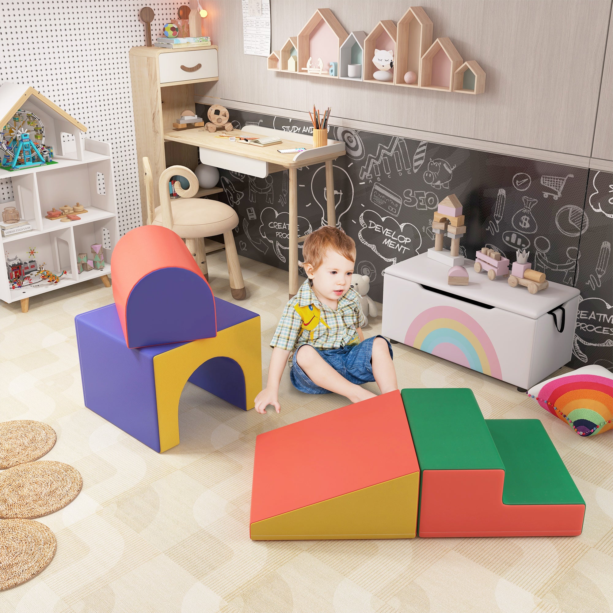 4 Piece Foam Play Set, Soft & Safe Kids Toddlers Children Climbing Set for Crawling or Sliding, Assorted