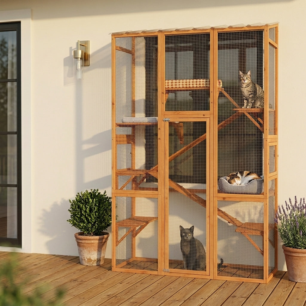 Outdoor Catio Cat Enclosure, Large Wooden Cat House with 6 Jumping Platforms, Scratching Post, 2 Ramps, for 2-3 Kittens
