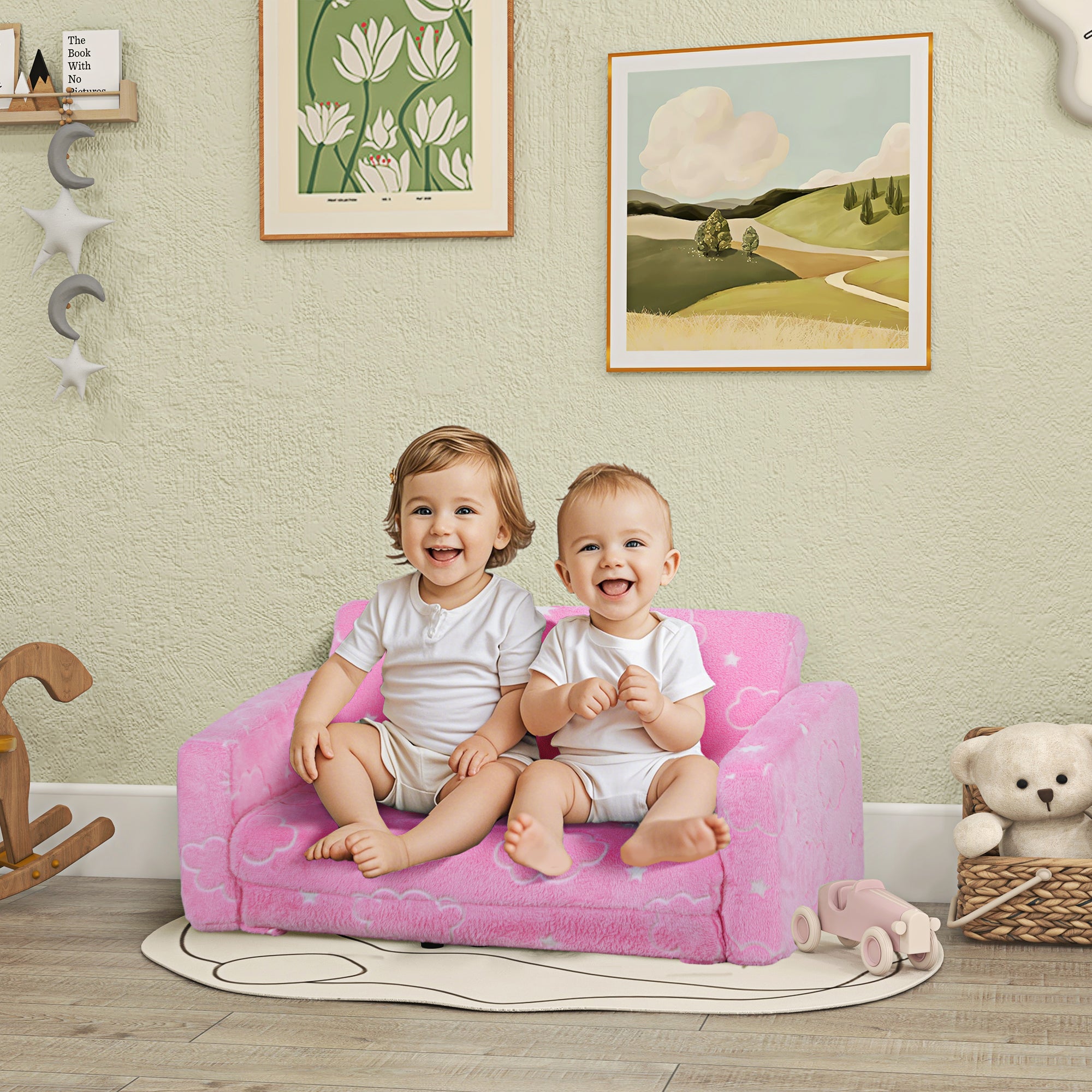 Couch with Glow in the Dark Cloud Pattern, Washable Cover, Pink