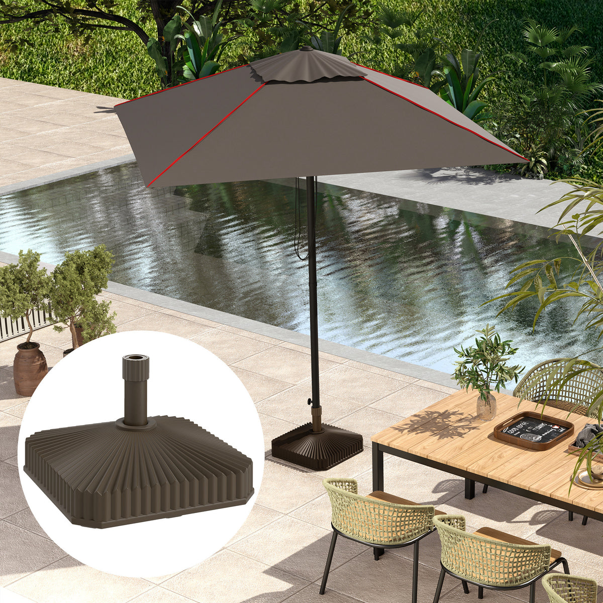 Square Patio Umbrella Base Holder, Heavy Duty Outdoor Umbrella Stand Base, Filled Up to 42lbs with Sand or 33lbs with Water for Garden, Poolside, Brown