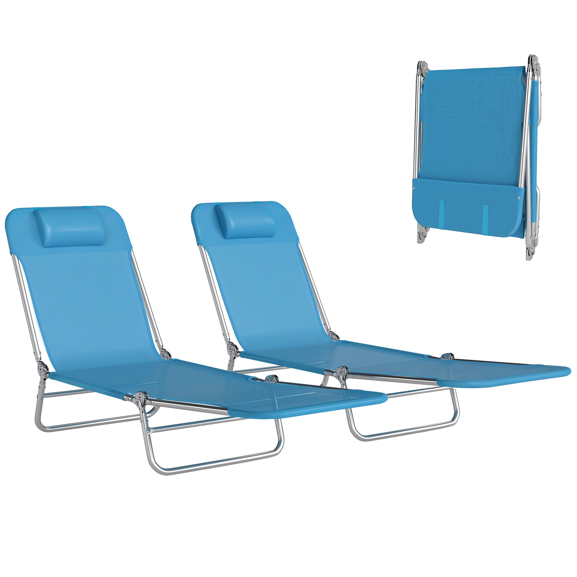 2 Piece Folding Chaise Lounge Chairs, Pool Sun Tanning Chairs with Reclining Back, Breathable Mesh Seat, Headrest for Beach, Yard, Patio, Blue