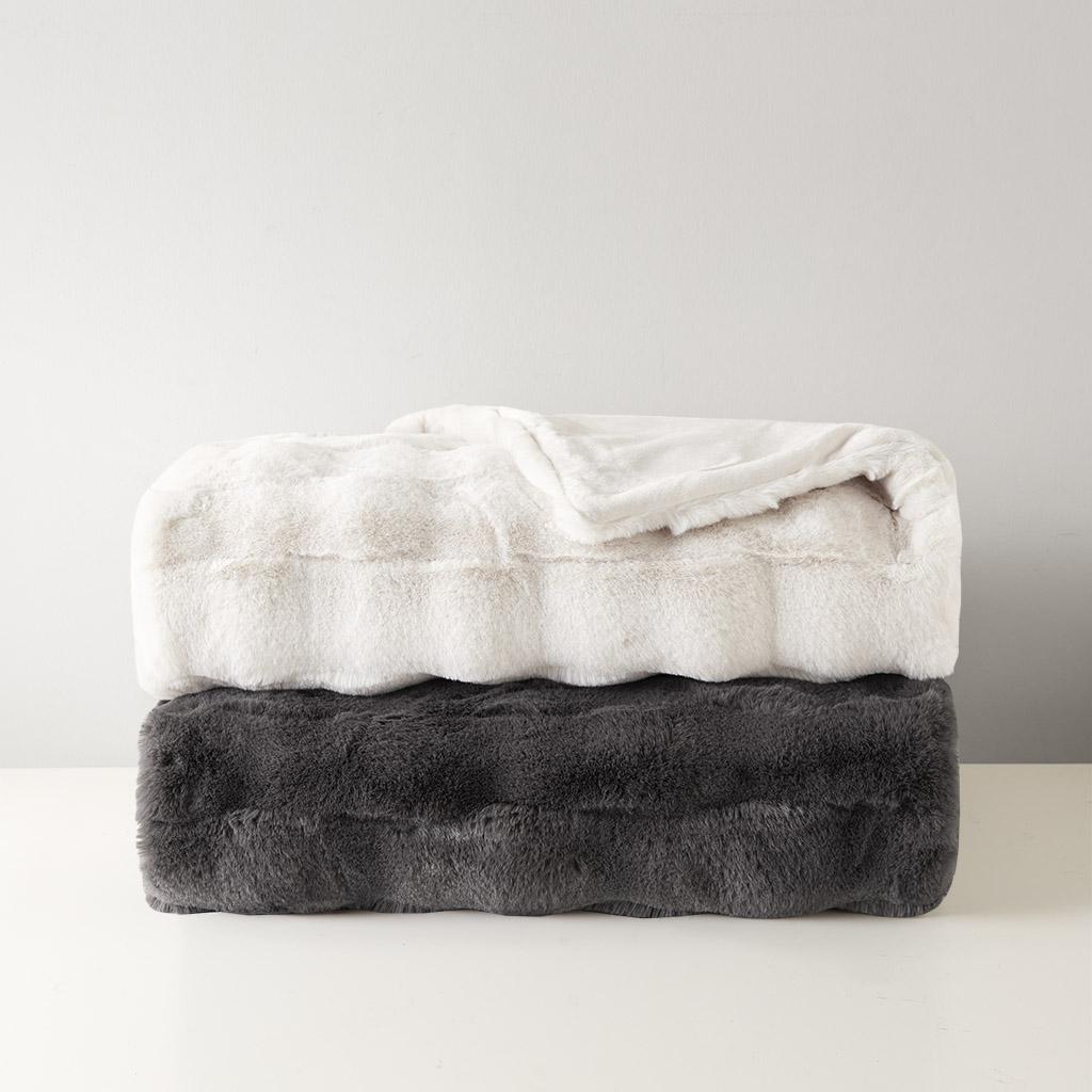 Luxurious Faux Fur Throw Blanket with Crystal Velvet Reverse, Basketweave Texture, Perfect for Any Decor, 60" L x 50" W x 0.25" H, Gray