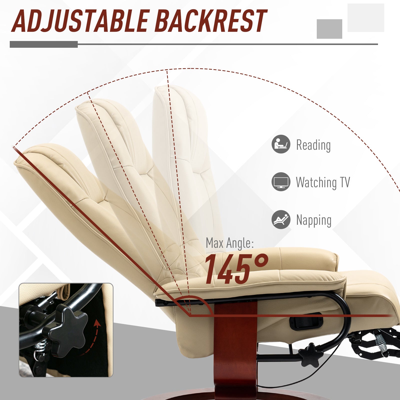 Air Leather Manual Recliner, Adjustable Swivel Lounge Chair with Footrest, Armrest and Wrapped Wood Base, Cream White