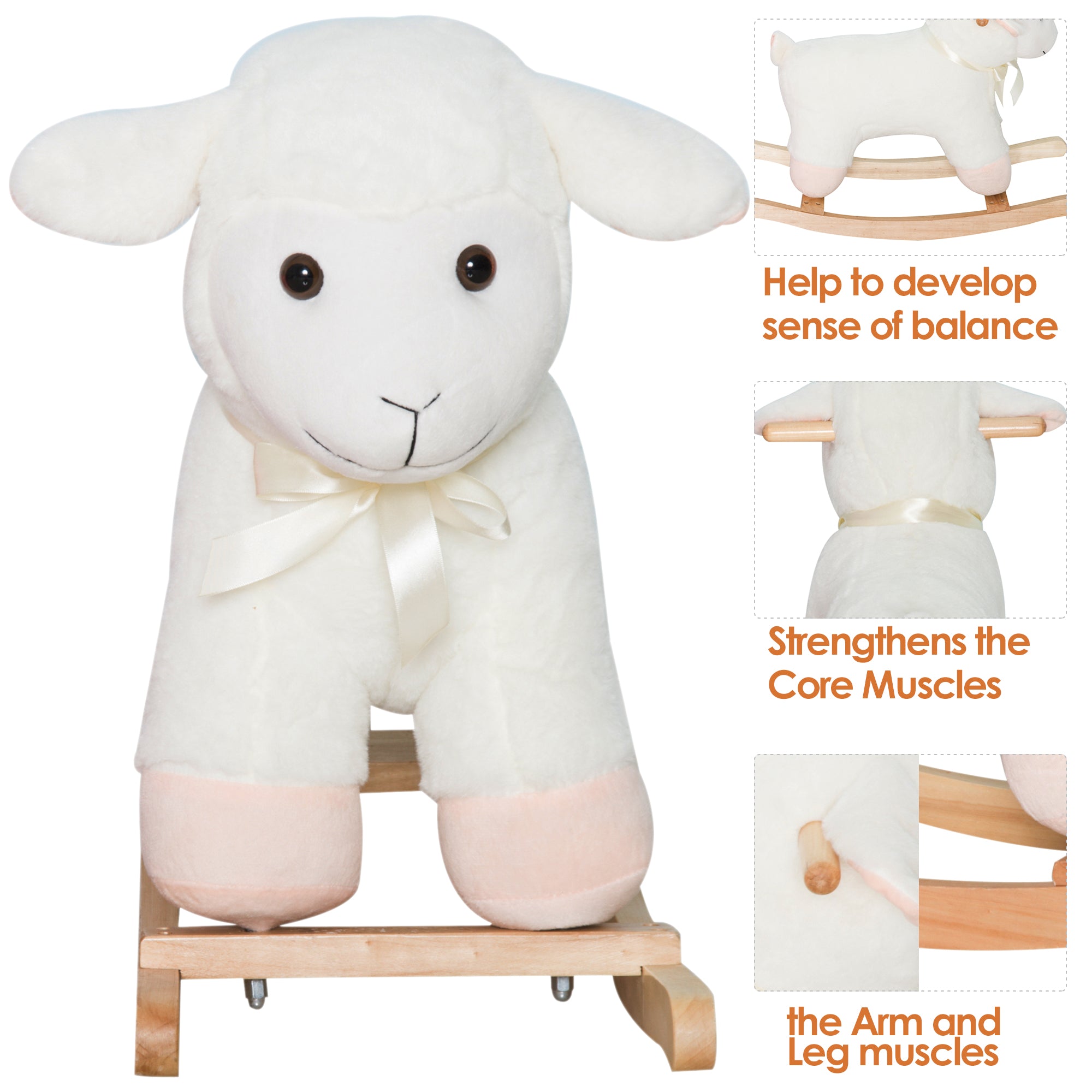 Lamb Rocking Horse Sheep, Nursery Stuffed Animal Ride On Rocker for Kids, Wooden Plush, White