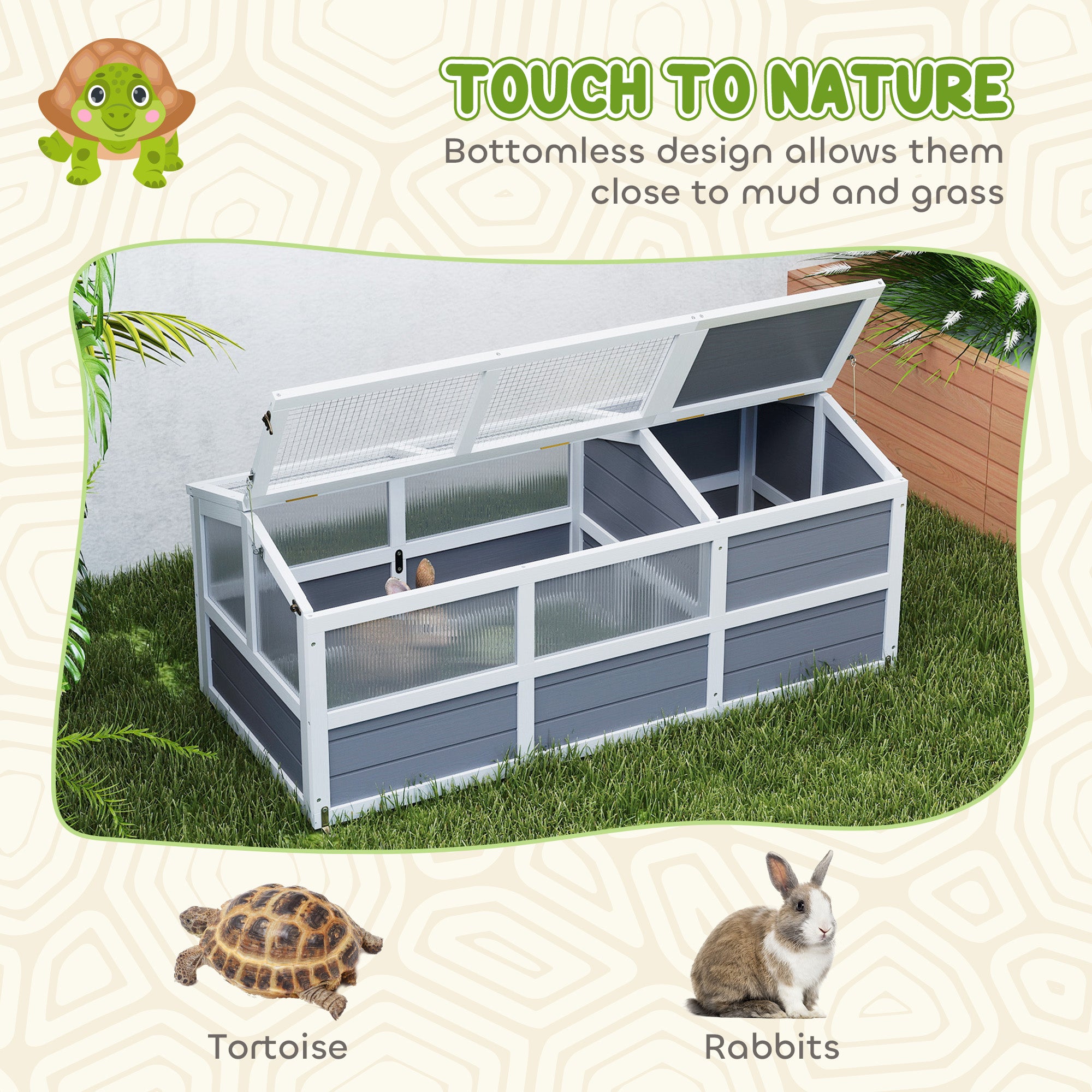 Wooden Tortoise Habitat Outdoor w/ Bottomless Design, Doors, PC Sun Panel Windows, for Small Animals, Rabbit, Light Gray