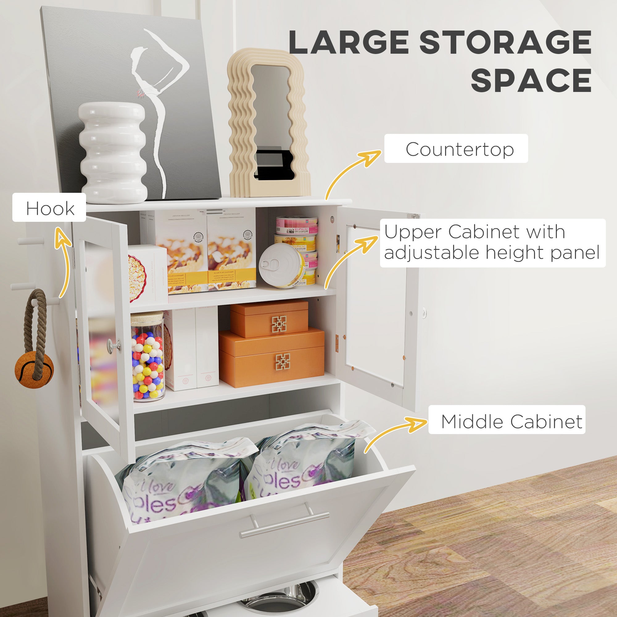 Dog Feeding Station with Two Storage Cabinets, 2 Elevated Dog Bowls, Side Hooks, Anti-tip Kit, for Feeding & Watering