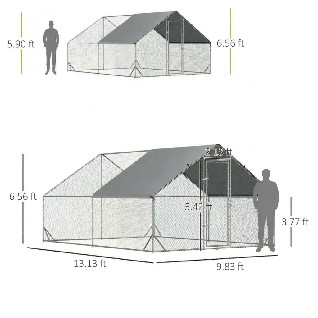 Large Chicken Coop Metal Chicken Run with Waterproof and Anti-UV Cover, Spire Shaped Walk in Fence Cage Hen House for Outdoor and Yard Farm Use, 1" Tube Diameter, 9.8' x 13.1' x 6.6'