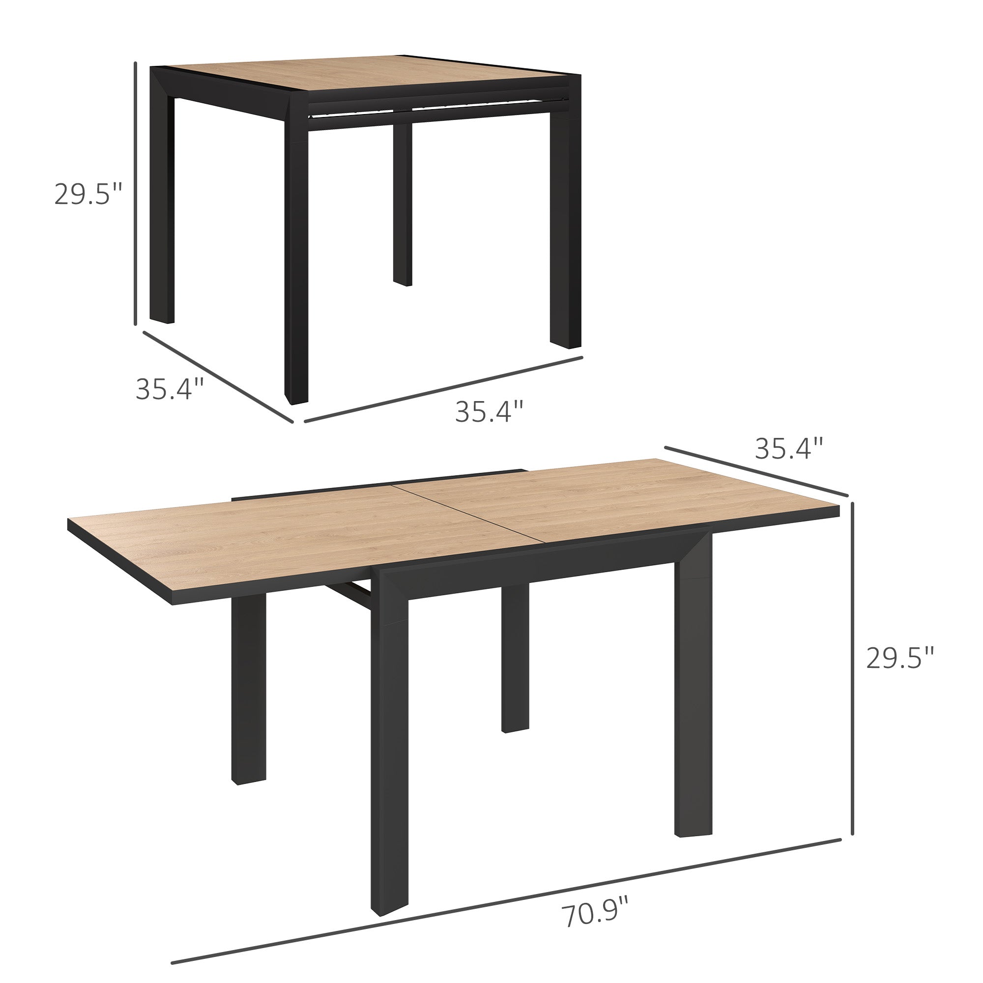 35.5"-71" Expandable Outdoor Dining Table for 4-6 People, Aluminum Patio Table with Slatted Wood Grain Top, Natural