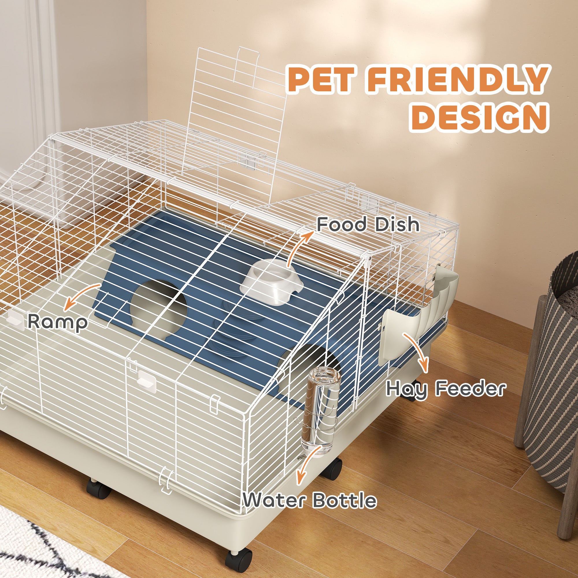 Rolling Small Animal Cage with Water Bottle, Hay Feeder, Food Dish for Rabbits, Hedgehogs, Guinea Pigs, 35" x 35" x 25"