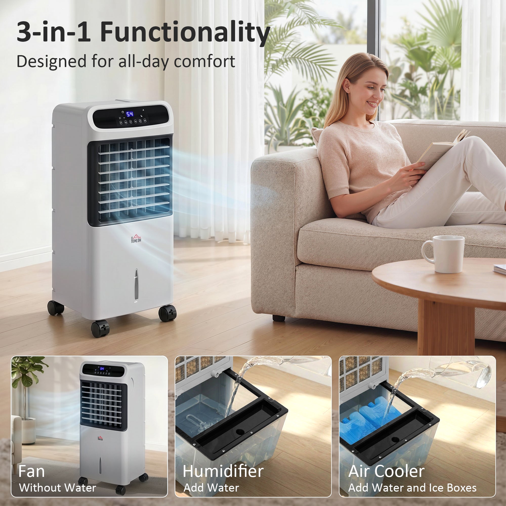 3-In-1 Ice Cooling Fan, Mobile Evaporative Air Cooler with Remote, Timer, Oscillating for Home Office, Bedroom, Gray