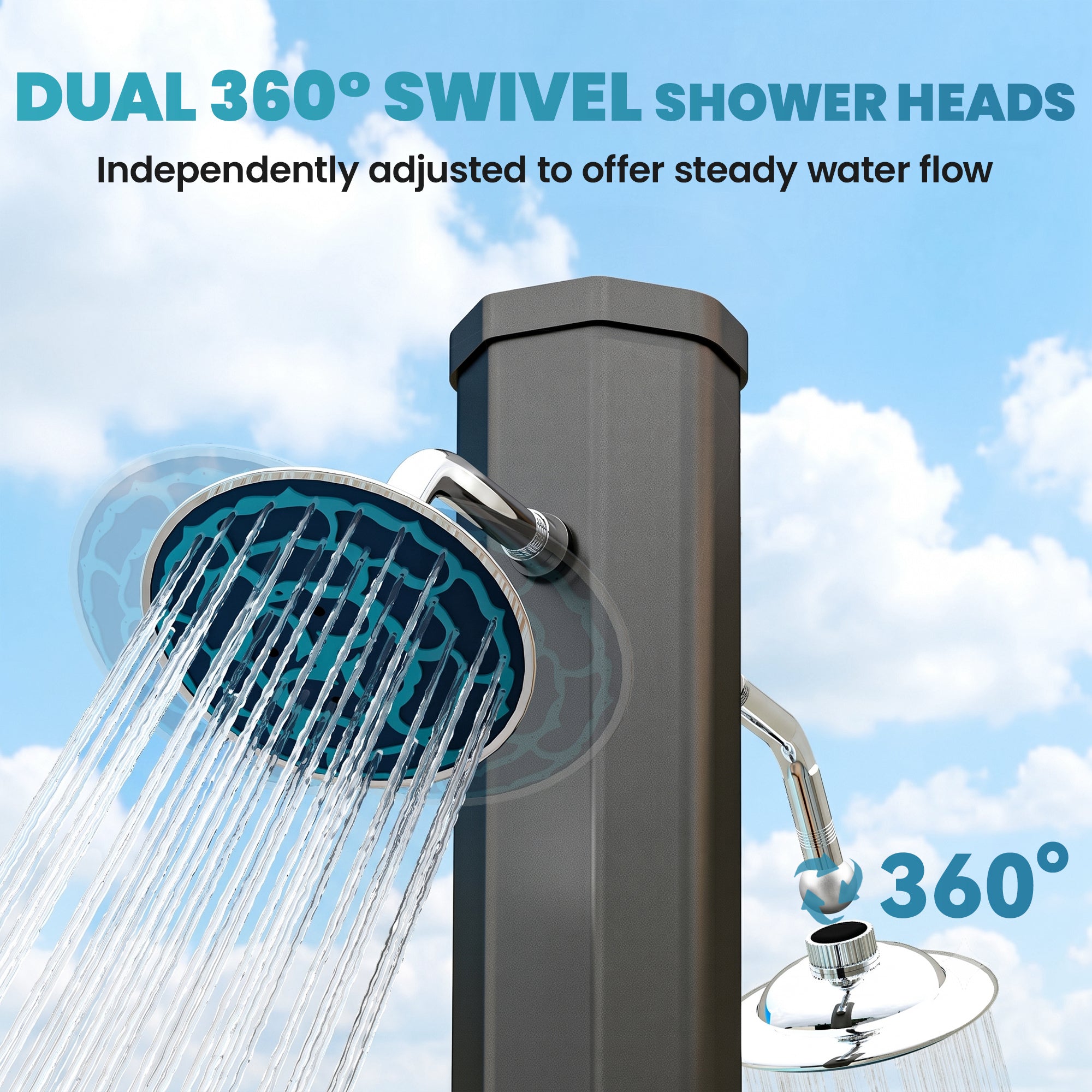 9.2 Gallon Slolar Heated Outdoor Shower with 2 Free-Rotating Shower Heads and Foot Showers for Poolside Beach Spa, 7.1ft