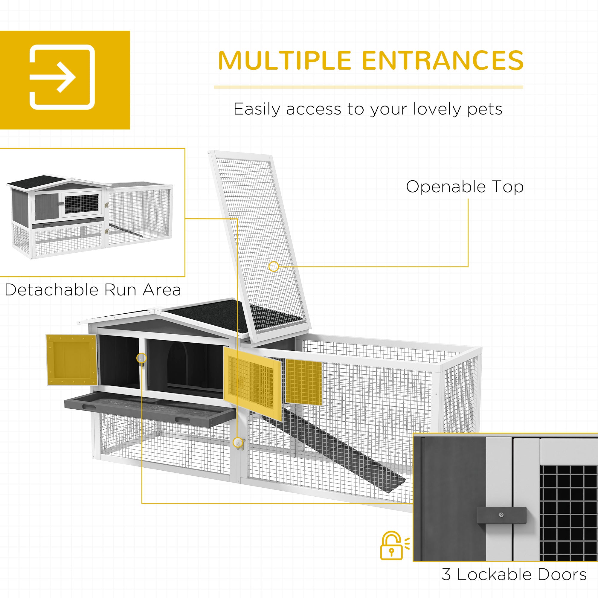 Rabbit Hutch 2-Story Bunny Cage, Guinea Pig Cage Indoor Outdoor, Small Animal House with Slide Out Tray, for Rabbits, Chickens, Ducks, 61.5" x 23" x 27", Light Gray