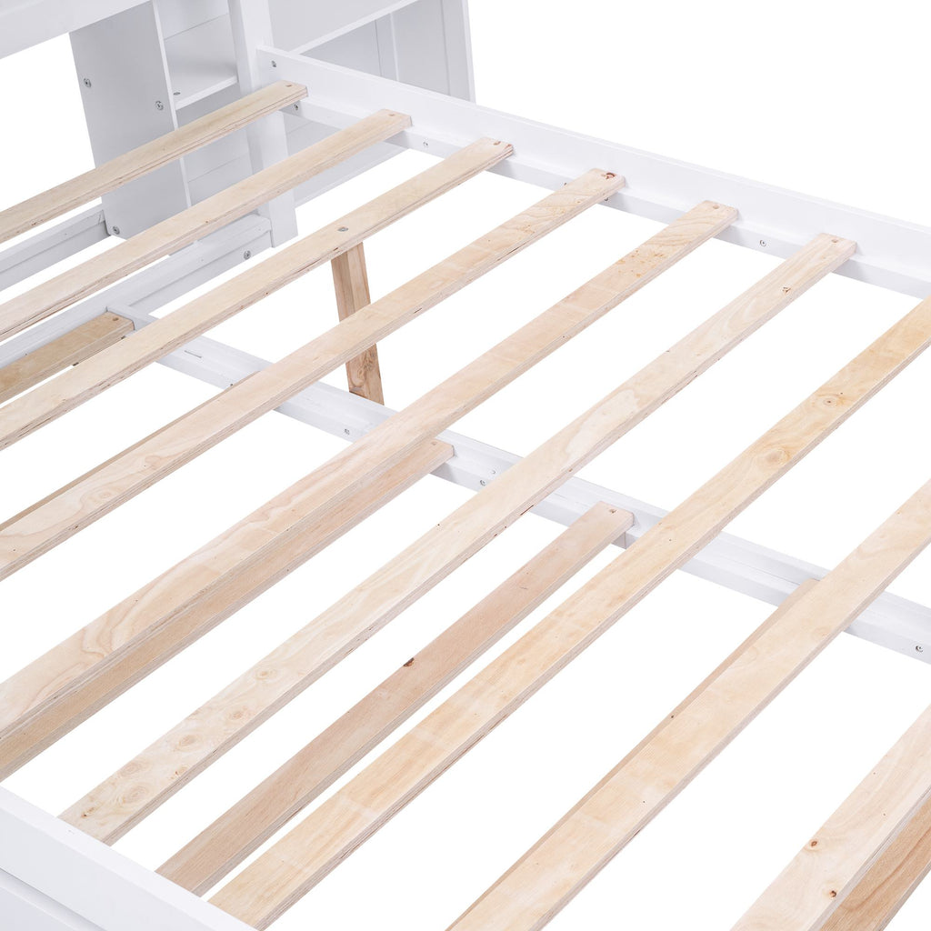 Full Size Storage Platform Bed with Pull Out Shelves, Twin Size Trundle, Solid Wood and MDF, 98" L x 89" W x 39.5" H, White