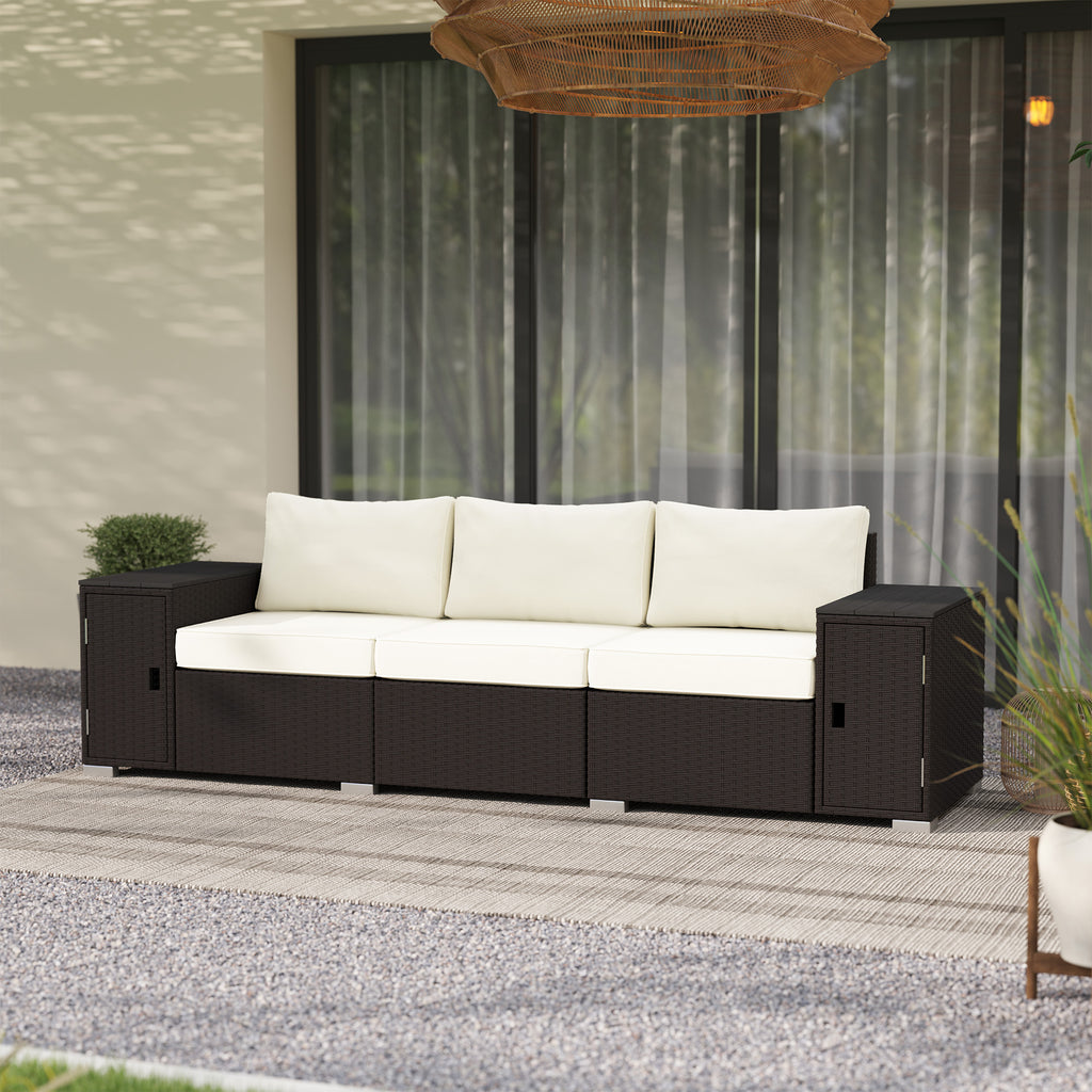 3 Seater Wicker Outdoor Couch Patio Sofa with Storage, Thickened Cushions and Wide Armrests for Porch Yard, Cream White
