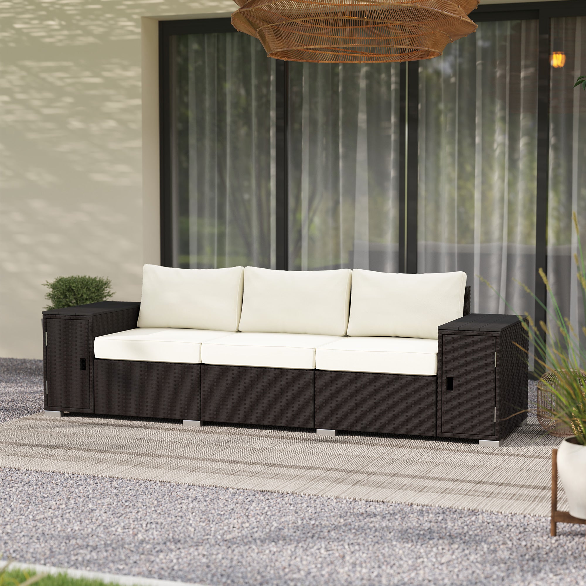 3 Seater Wicker Outdoor Couch Patio Sofa with Storage, Thickened Cushions and Wide Armrests for Porch Yard, Cream White