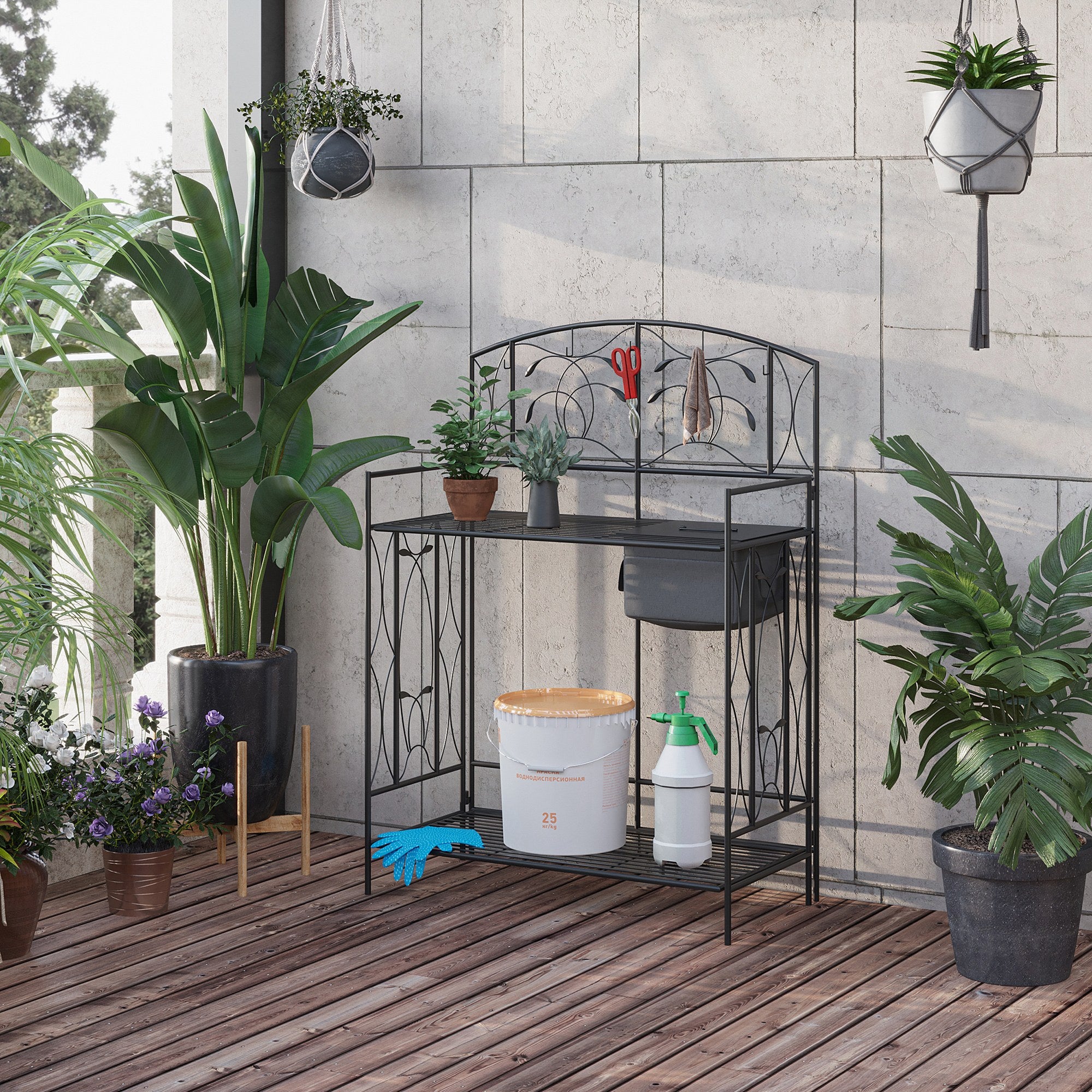 Folding Potting Bench Table, Metal Garden Workstation, Work Bench with Large Built-in Bag with Cover, 5 Hanging Hooks & Storage Shelf, Leaf Pattern