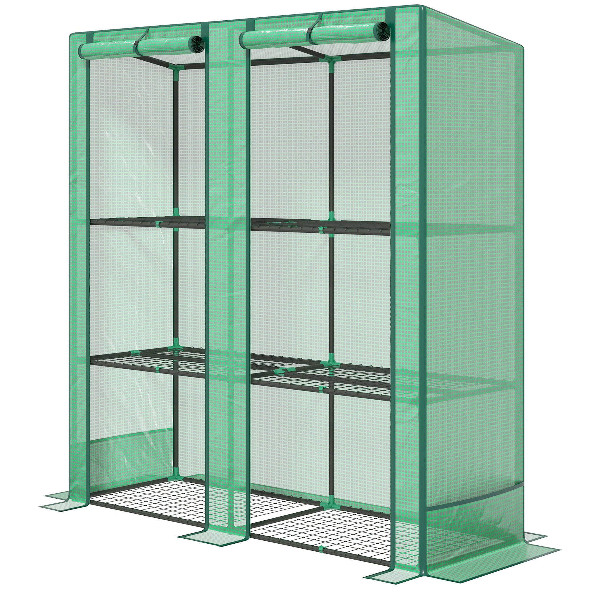 Lean-to Greenhouse with 3 Tier Shelves, Portable Greenhouse with PE Cover, 2 Roll-Up Doors, 56.7" x 18.9" x 59.8", Green