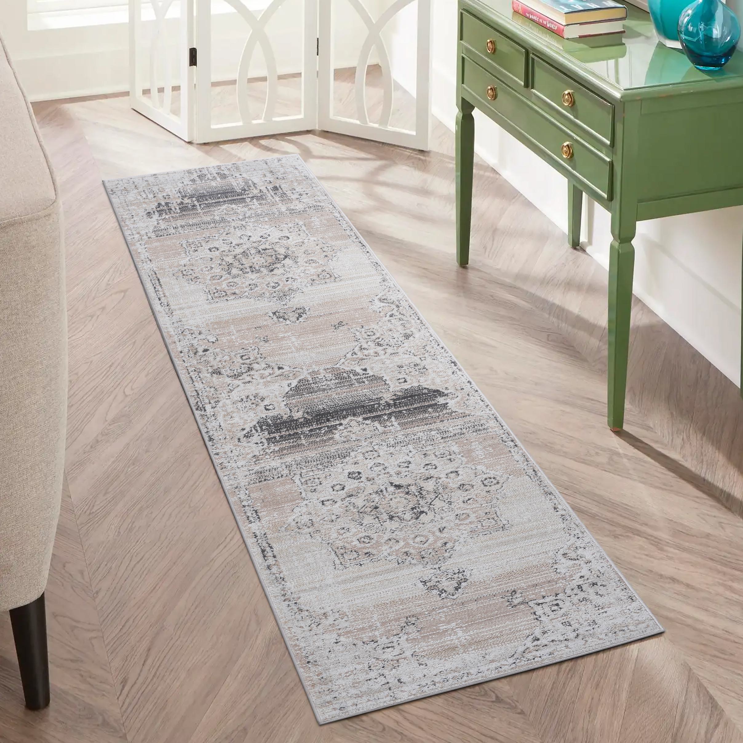 Naar 2x8 Traditional Stain-Resistant Area Rug with Cotton Backing, Medium Pile, Kid and Pet-Friendly Carpet, 96" L x 26" W x 0.3" H, Cream