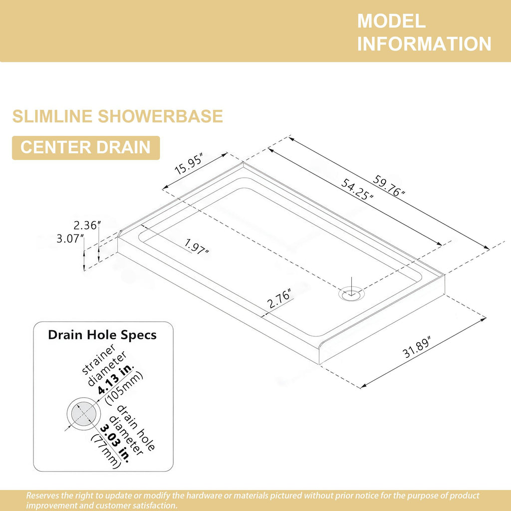 32" x 60" Shower Base with Durable Non-Flex Construction, Acrylic 3-Wall Alcove Shower Pan with Right Drain, 60" L x 32" W x 3" H, Gloss White