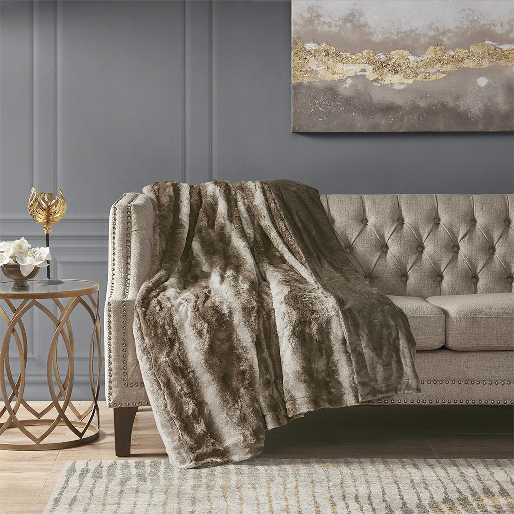 Machine Washable Oversized Throw with Luxuriously Soft Faux Fur, Solid Faux Mink Reverse, OEKO-TEX Certified, 70" L x 60" W x 0.25" H, Brown