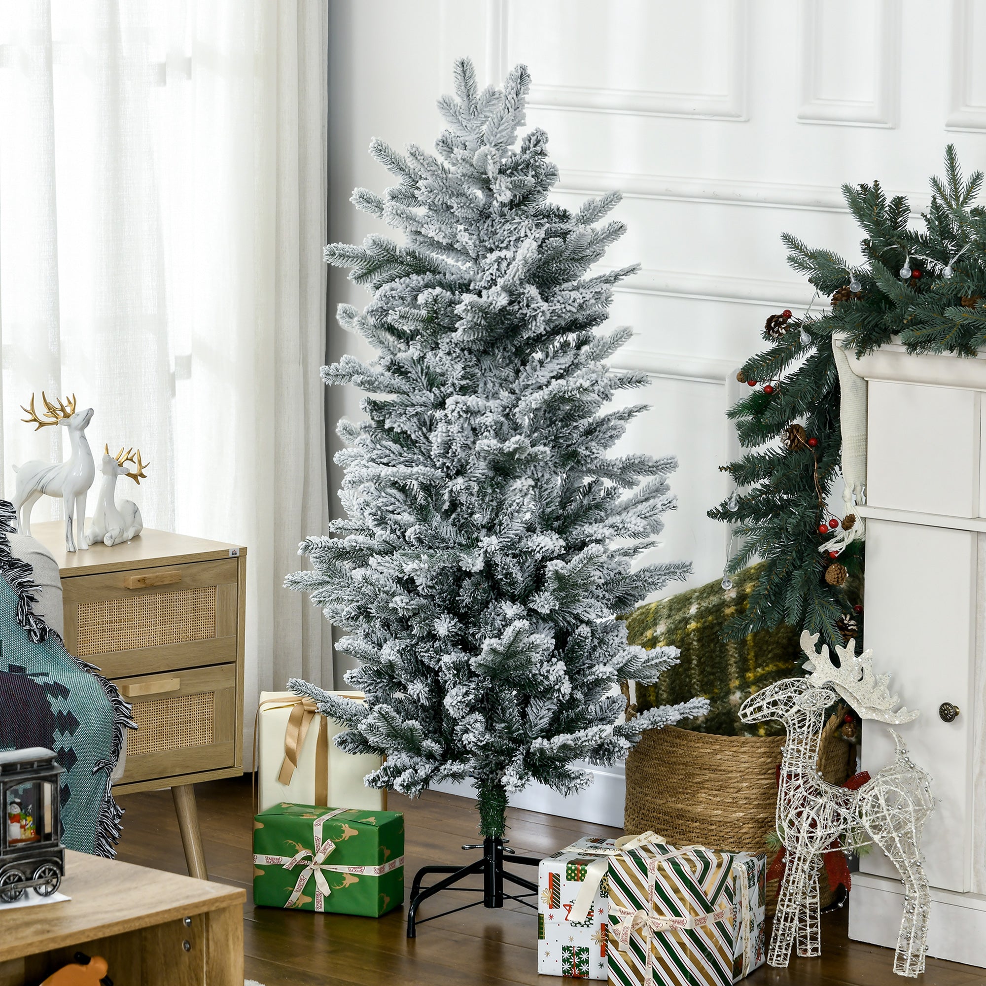 4.5' Artificial Flocked Christmas Trees, with Snow Frosted Branches, Auto Open, Steel Base