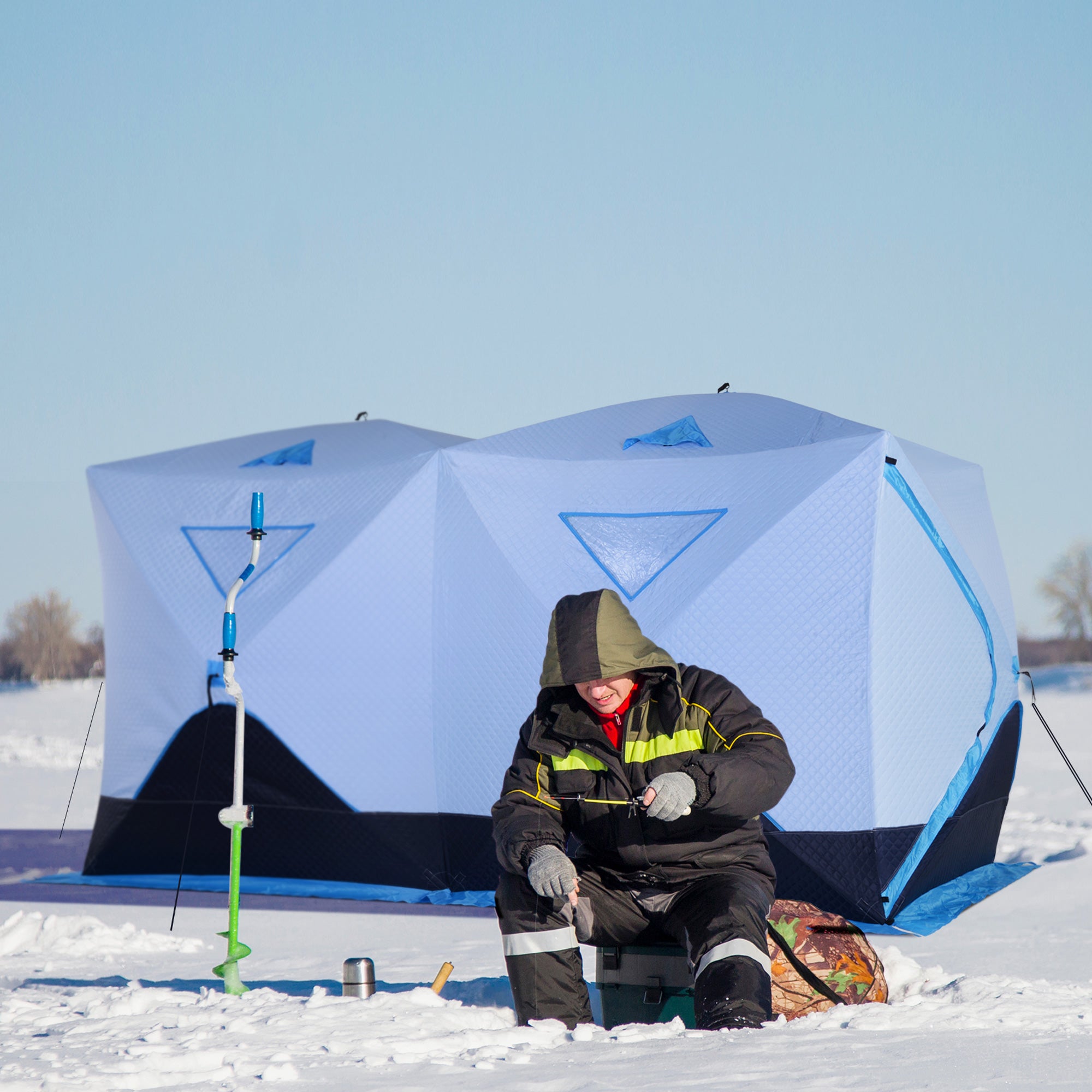 8 Person Ice Fishing Shelter, Pop-Up Ice Shanty Tent, Insulated Portable Tent with 2 Doors & Carrying Bag, Light Blue