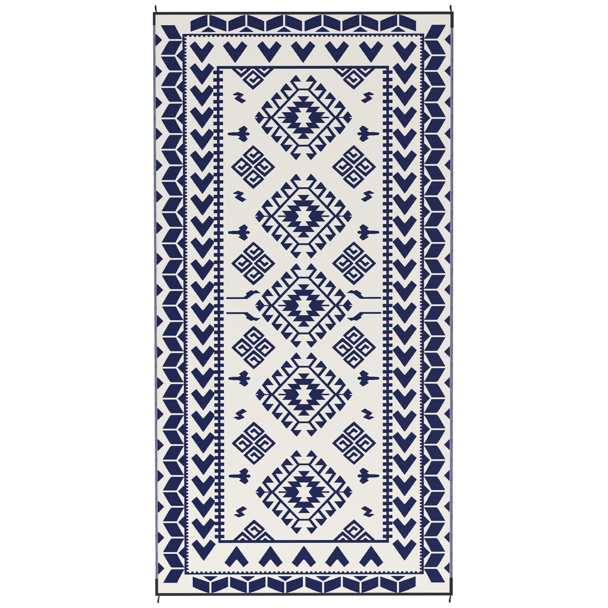 Reversible Outdoor Rug, Waterproof Plastic Straw with Carry Bag, 9' x 18', Blue & White Rhombus Patchwork