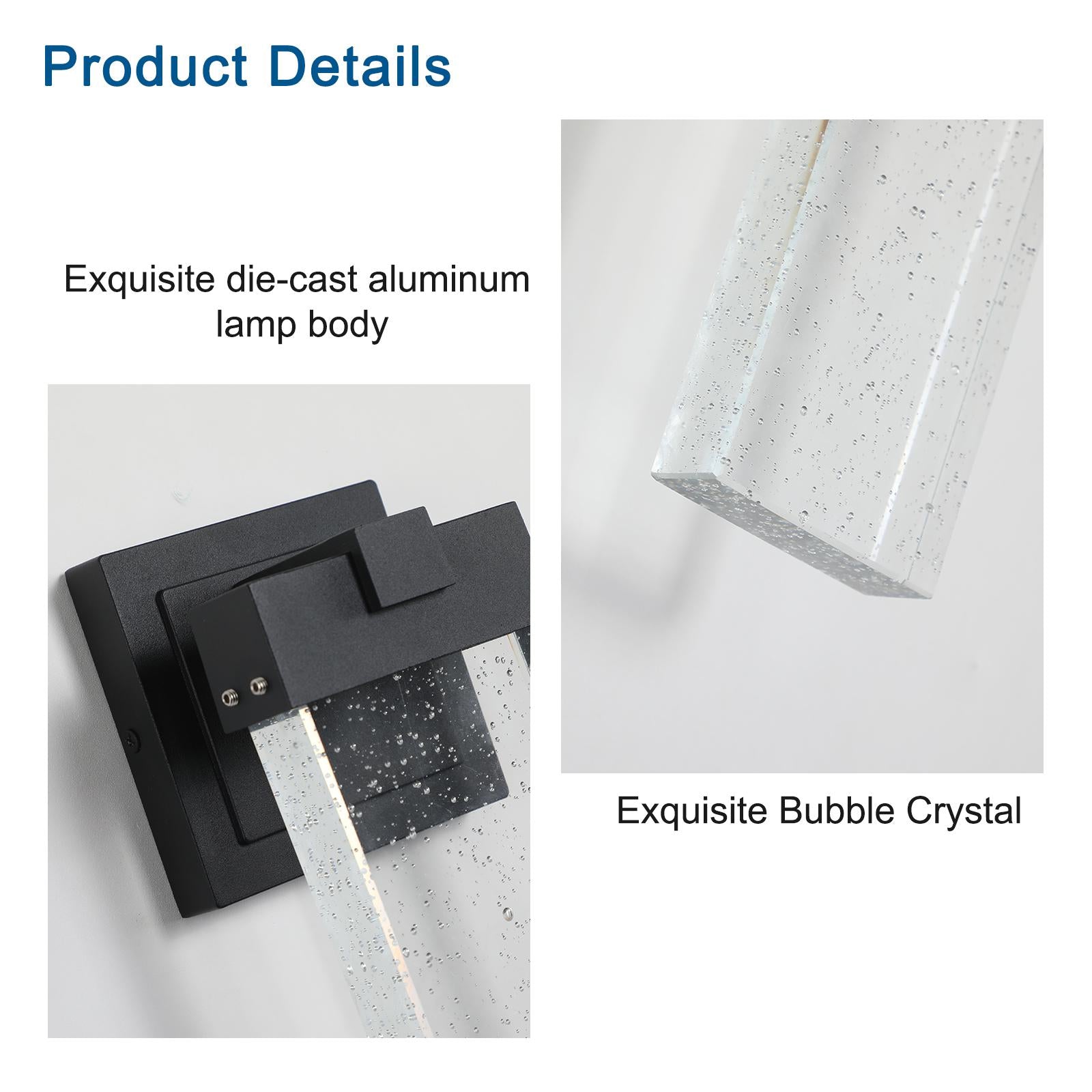 2-Pack Outdoor Wall Light Fixture with Bubble Crystal and Light Sensor, Weatherproof LED Wall Sconce, 12W Per Lamp, 3.5" L x 4.5" W x 12" H, Black