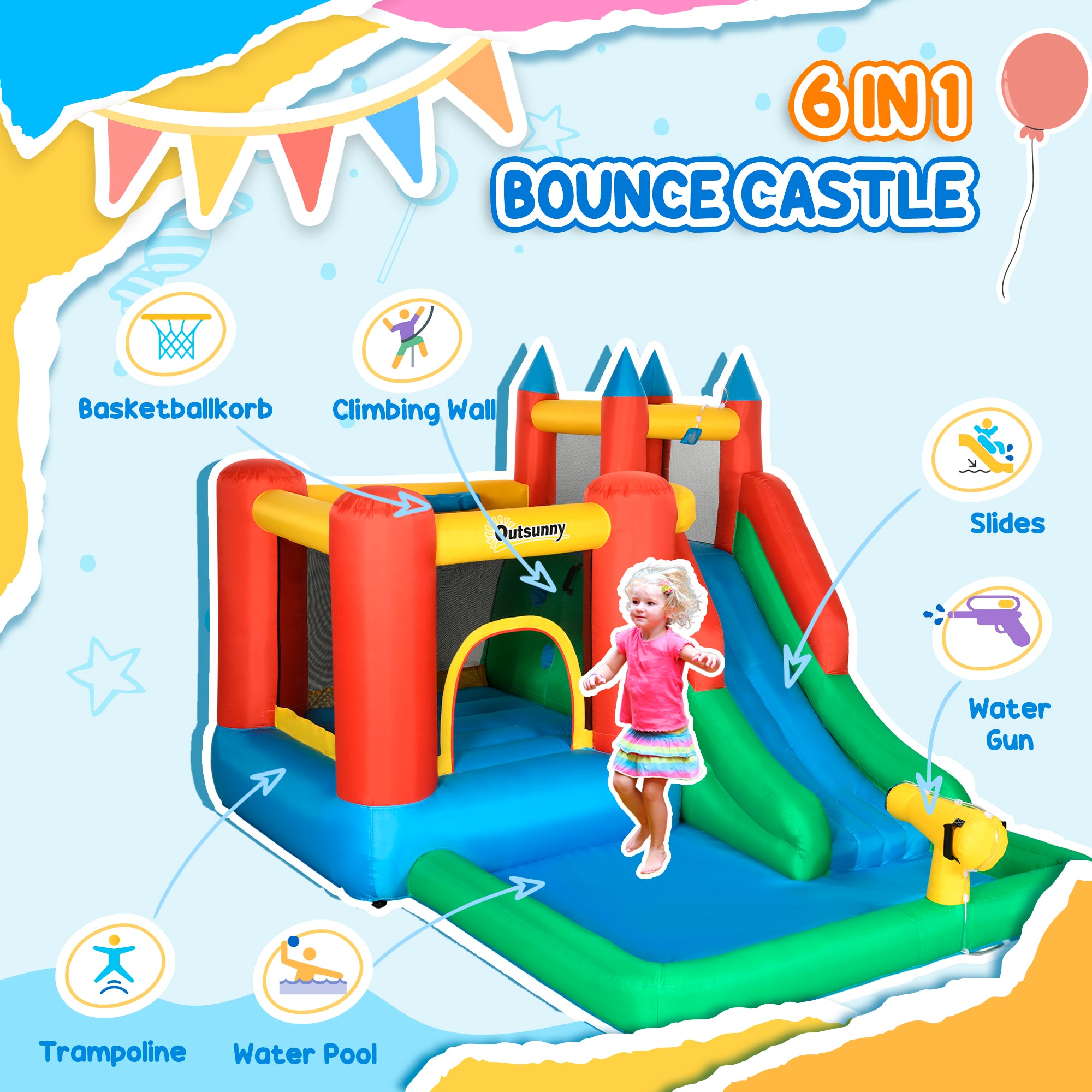 Kids Bounce House Inflatable Slide with Splash Pool, Water Cannon, Climbing Wall, Inflator Included, 6 in1 Bouncy Castle Kids Backyard Activity Outdoor Water Play Toy