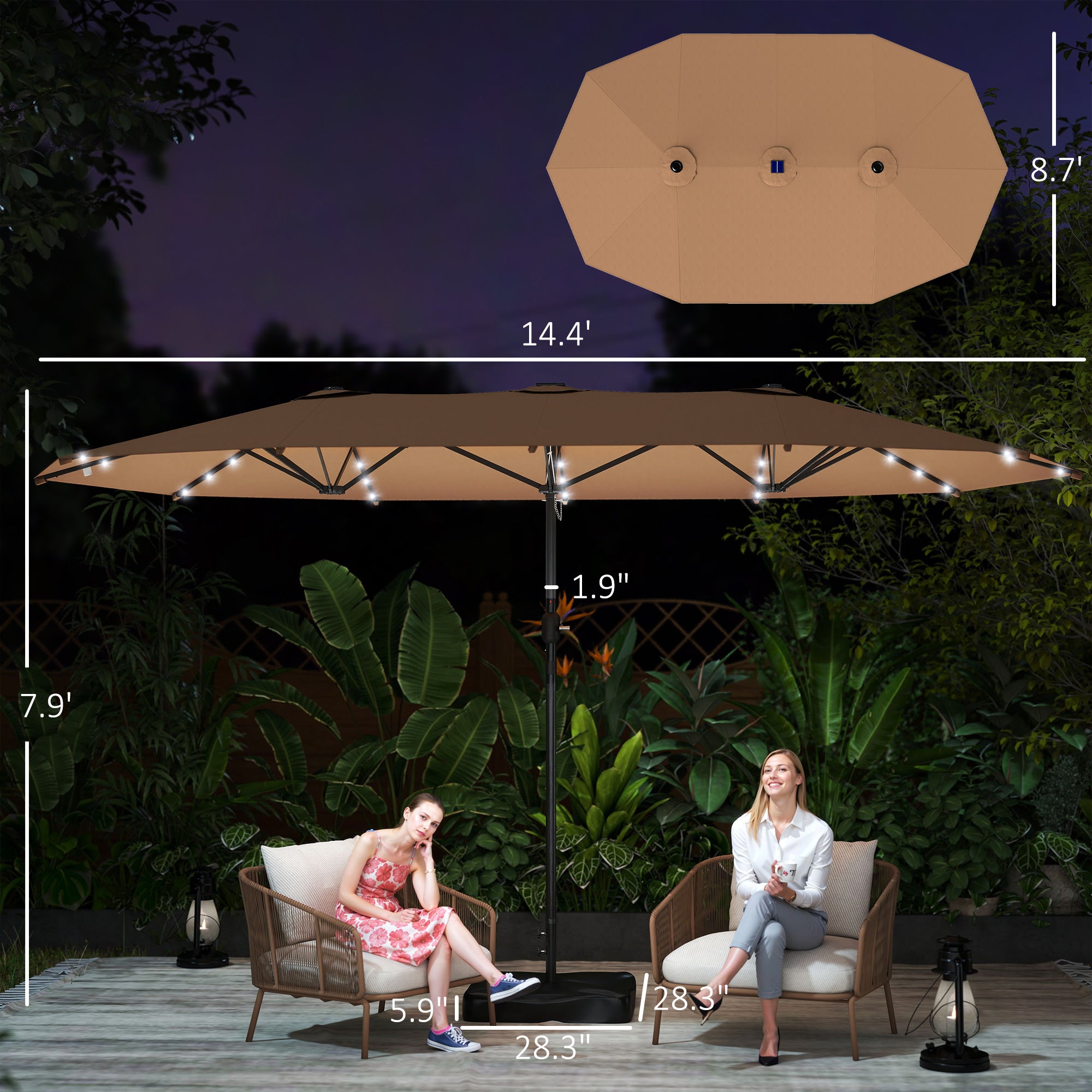 Garden Parasol 14.4 ft. Double-Sided Sun Umbrella with Base, Patio Parasol with LED Solar Lights, Khaki