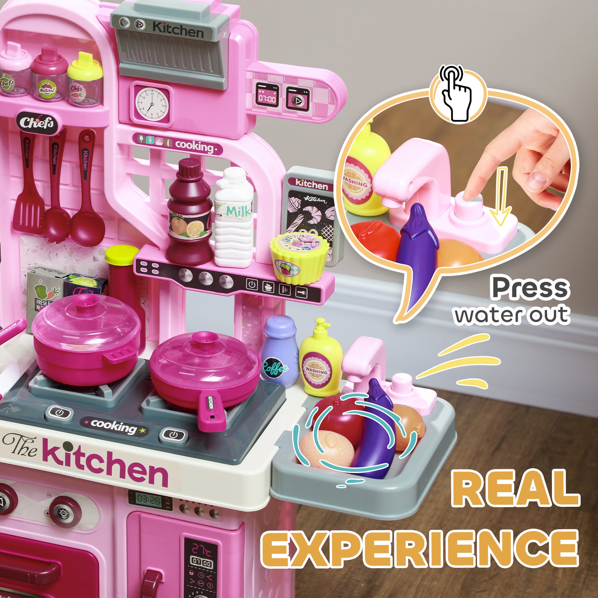 Kids Play Kitchen with Lights, Sounds, 33 Accessories & Storage for Toddler 3-6 Years