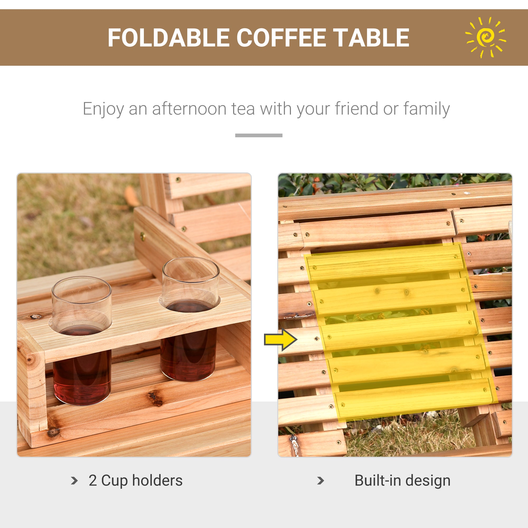 3-Seater Wood Porch Swing, Patio Swing Bench with Folding Coffee Table, Cup Holders, 440lbs Weight Capacity, Natural