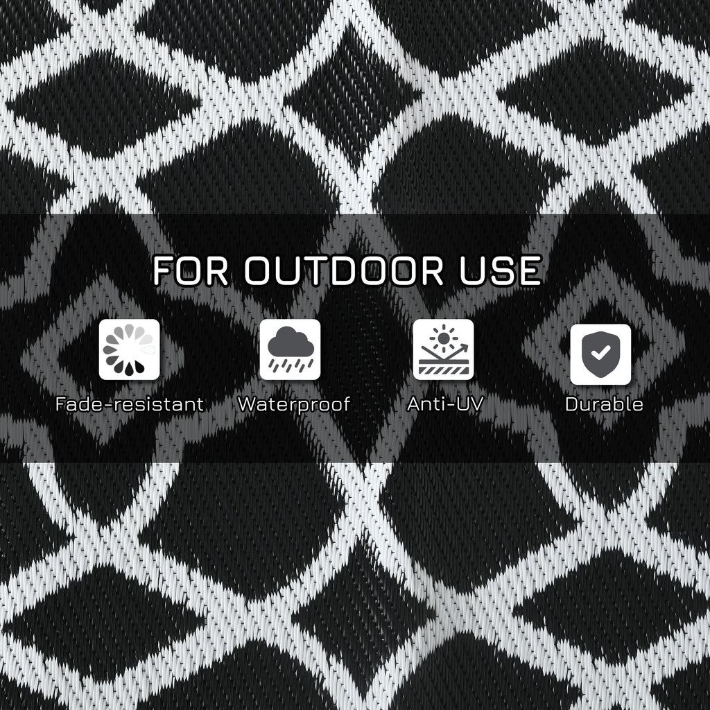 Reversible Outdoor Rug Carpet RV Camping Rugs with Carry Bag, 9' x 18', Black & White Clover