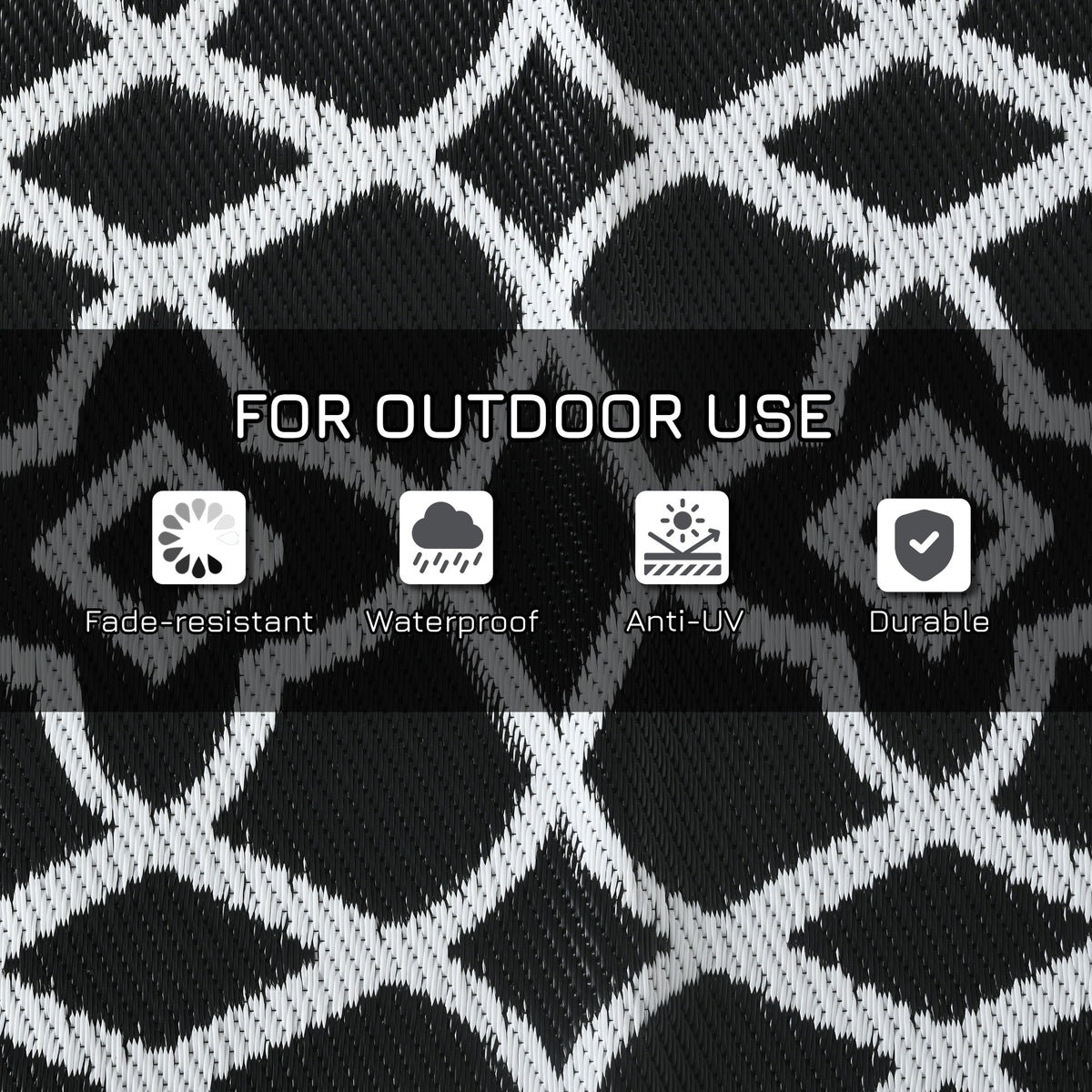 Reversible Outdoor Rug Carpet RV Camping Rugs with Carry Bag, 9' x 18', Black & White Clover
