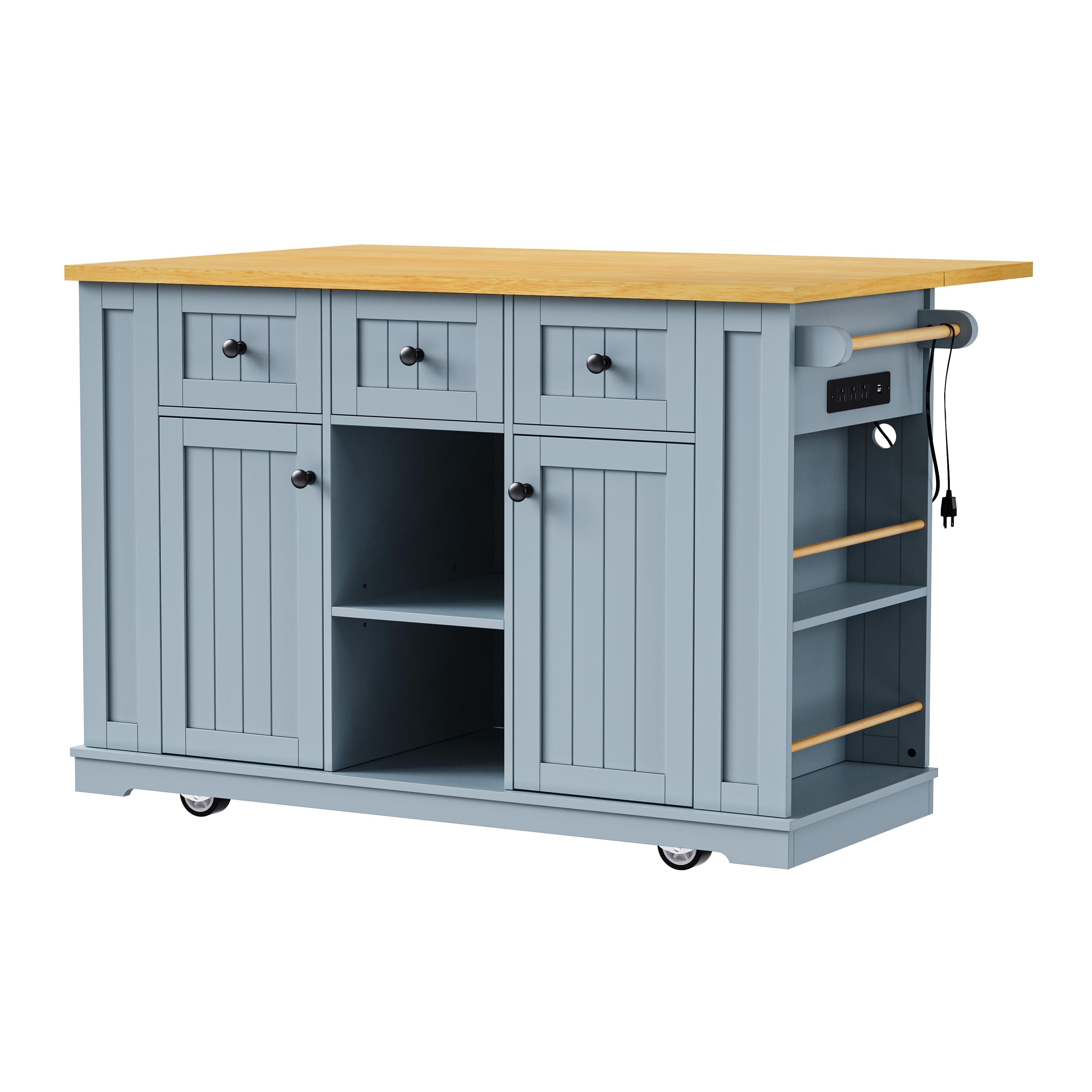 Kitchen Island Cart with Drop Leaf, Power Outlet, Internal Storage Rack, Rolling on 5 Wheels, Adjustable Shelves, and Bamboo Sticks, Gray+Blue