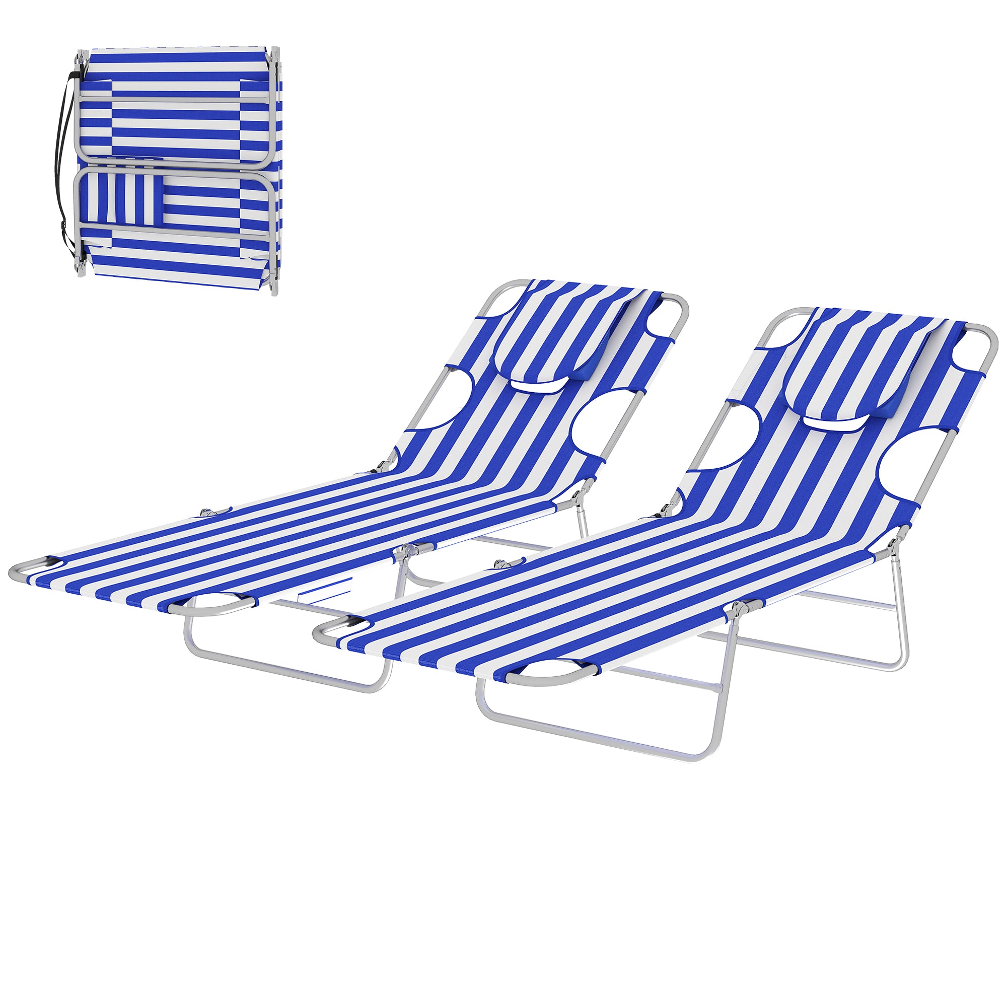 2 Tanning Chairs with Face Hole, 5-Level Adjustable Outdoor Chaise Lounge Chair with Pillow for Beach, Pool, Blue Stripe