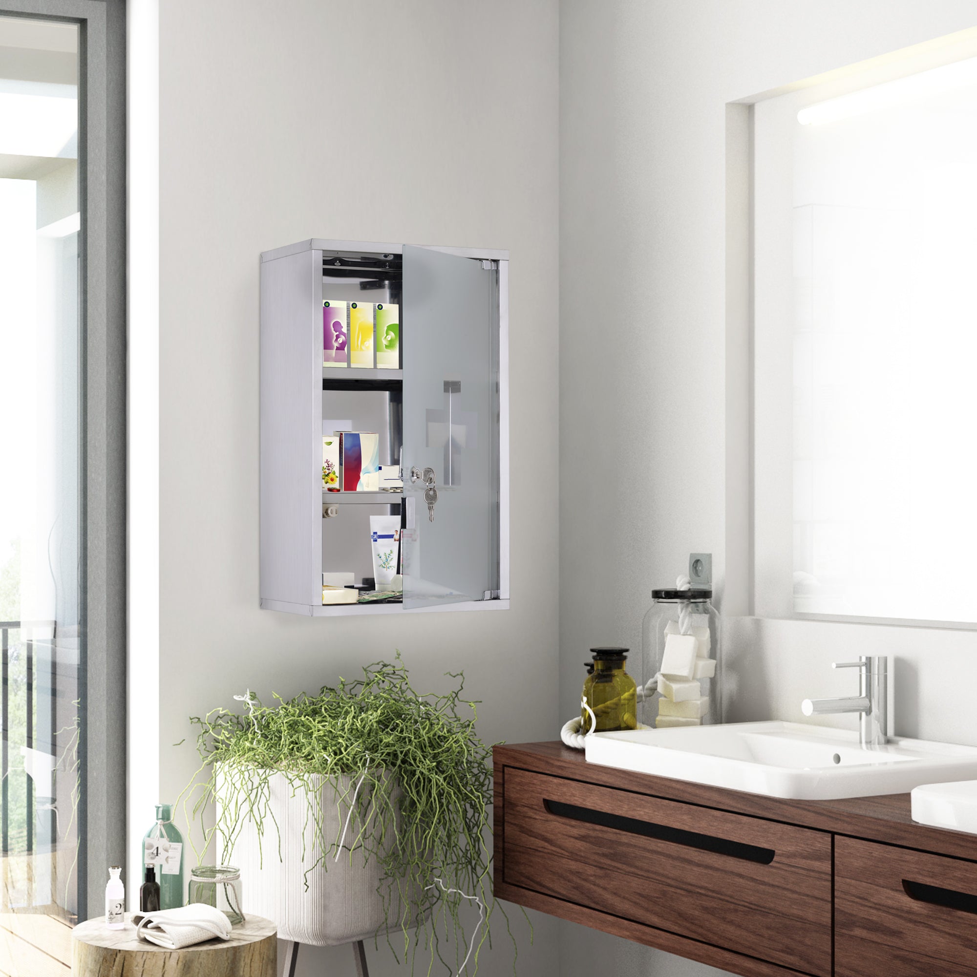 12" x 20" Lockable Medicine Cabinet, 3 Tier Stainless Steel Medical Wall Box with 2 Keys and Shelves for Bathroom