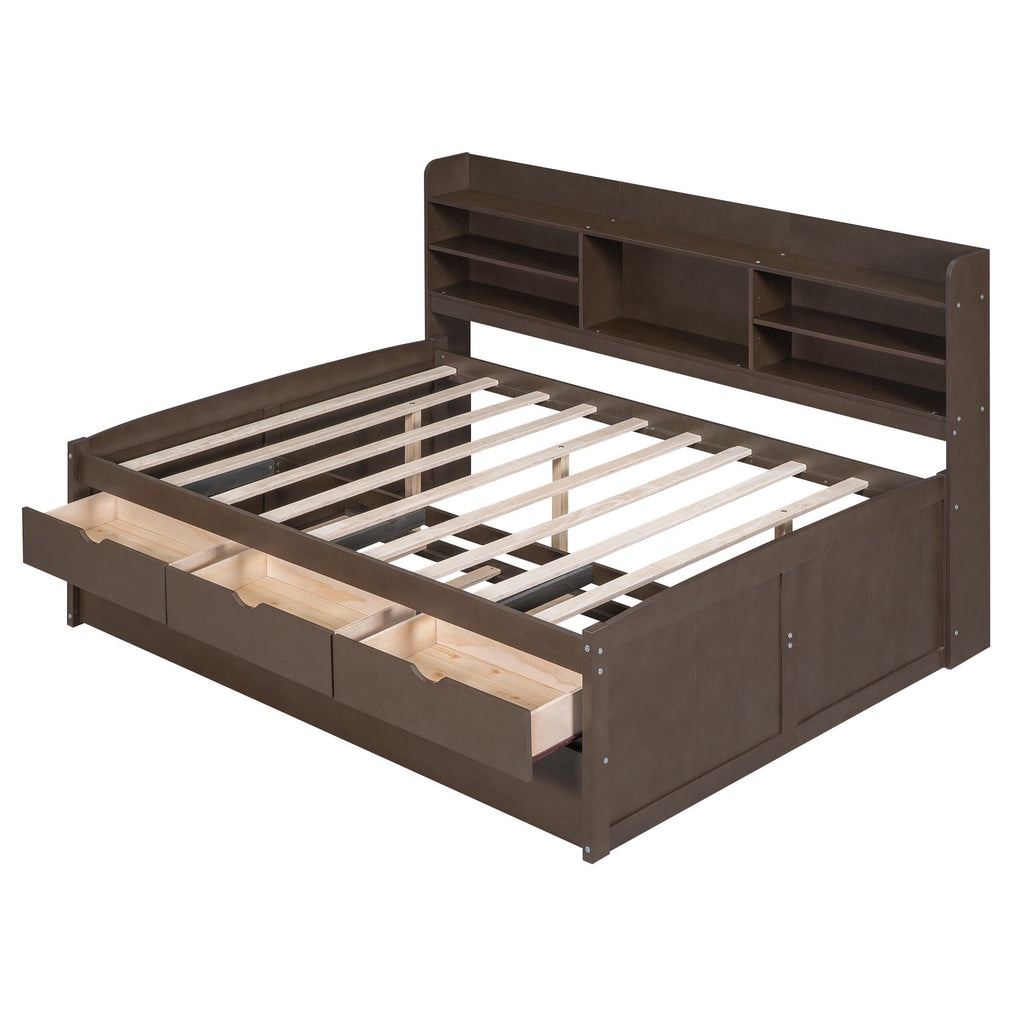 Classic Style Full Size Wooden Captain Bed with Built-in Bookshelves, 3 Storage Drawers, Trundle, 79" L x 104.5" W x 47" H, Antique Gray