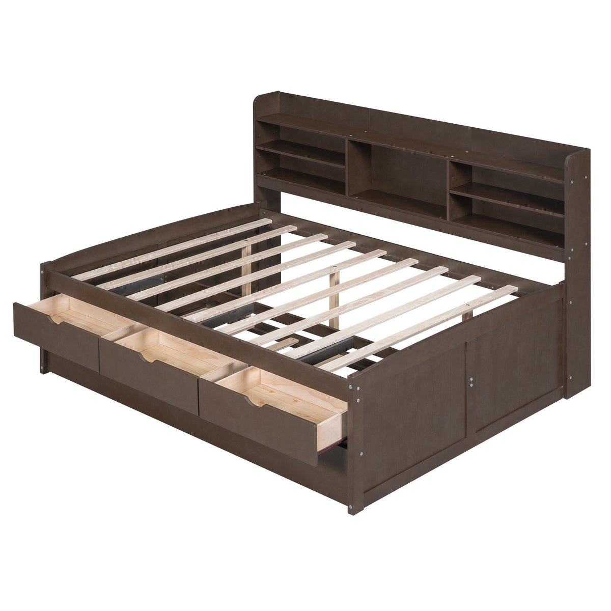 Classic Style Full Size Wooden Captain Bed with Built-in Bookshelves, 3 Storage Drawers, Trundle, 79" L x 104.5" W x 47" H, Antique Gray
