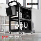 3-Tier Rolling Tool Cart, 200 LBS Capacity Plastic Utility Cart with Side Shelf and Storage Bucket, Black
