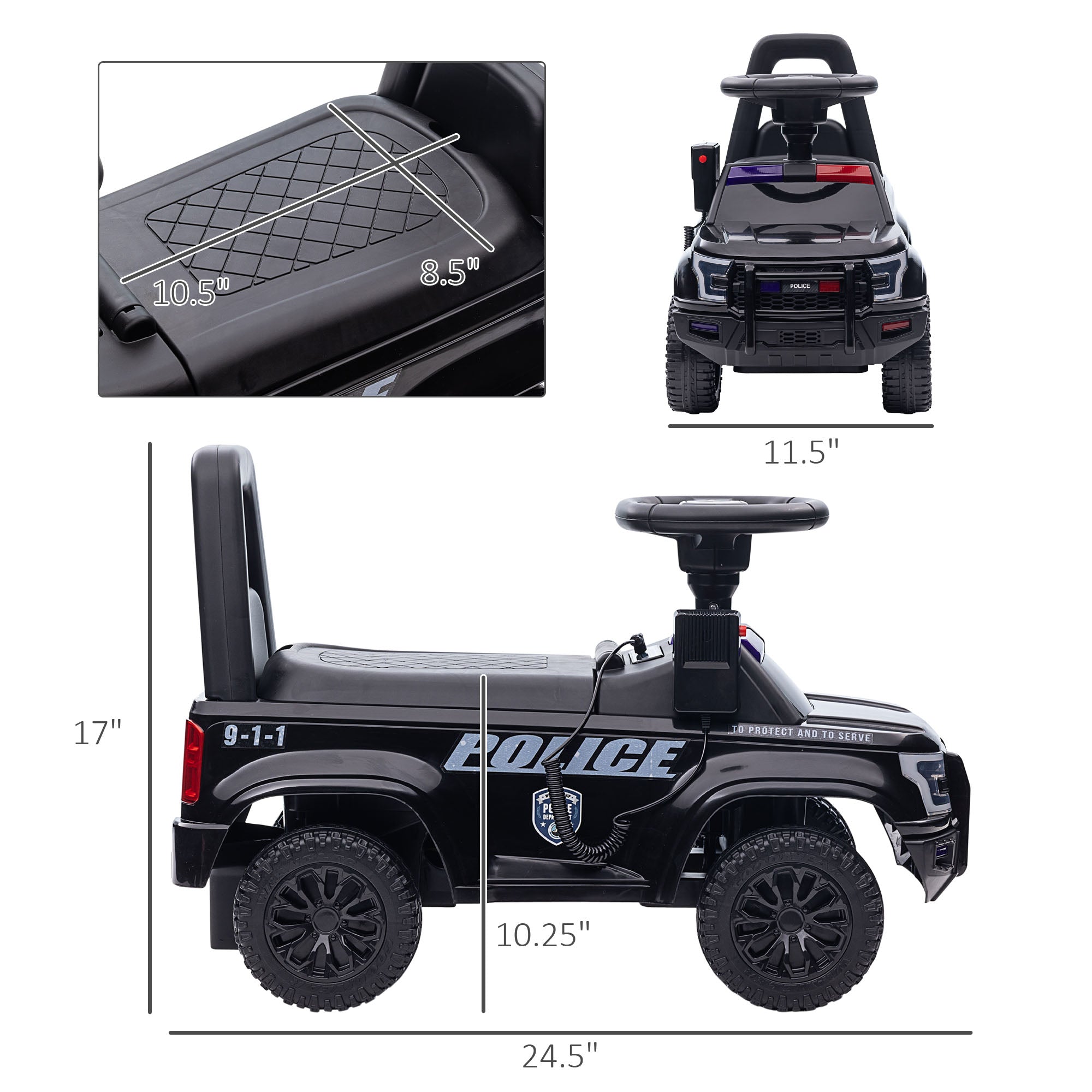 Kids Push Ride On Car with Working PA System and Horn, Police Truck Style Foot-to-Floor Sliding Car for Boys and Girls with Under-Seat Storage, for 18 Months to 5 Years Old, Black