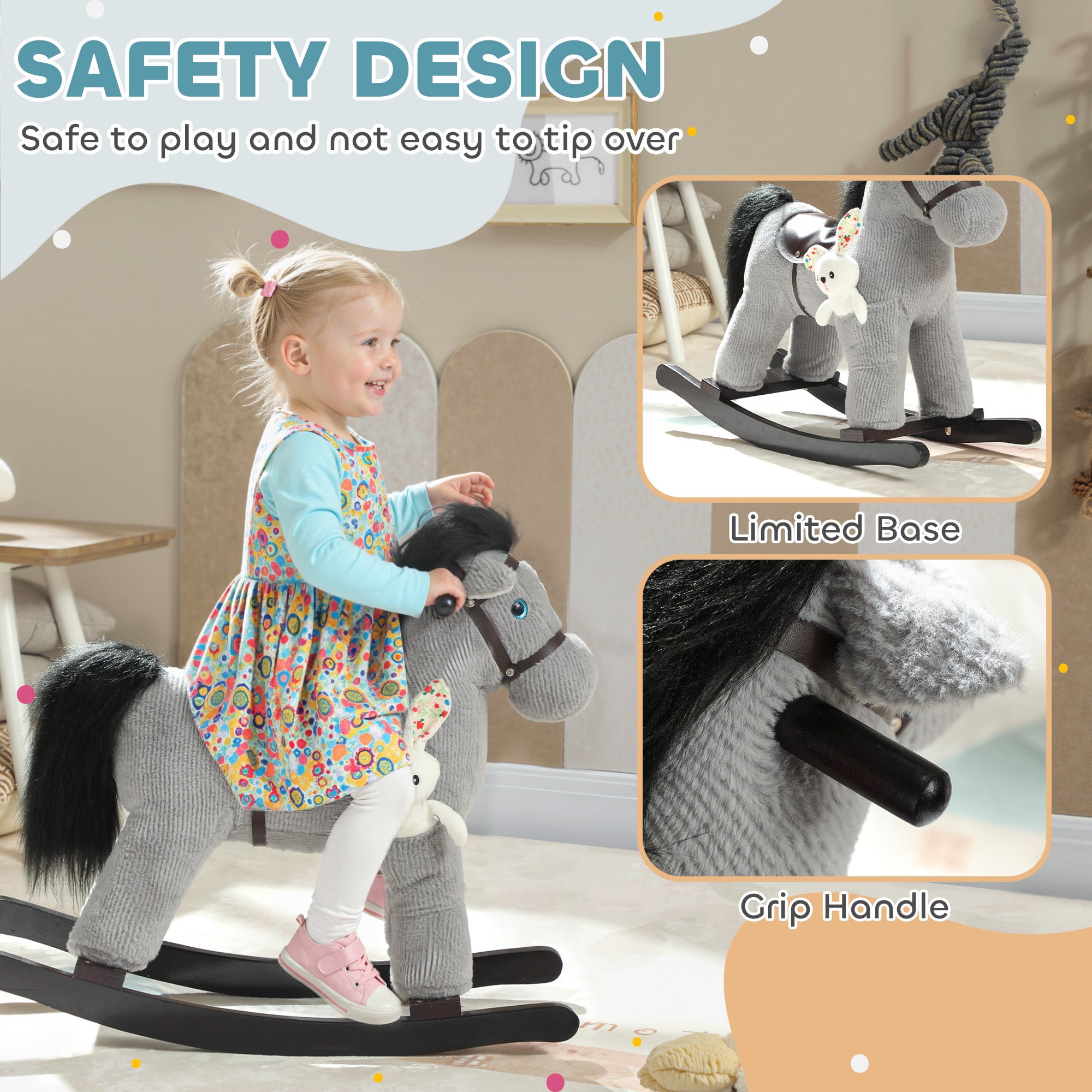Kids Rocking Horse, Plush Toddler Ride on Toy with Realistic Neigh and Toy for 2–5 Years Old, Gray
