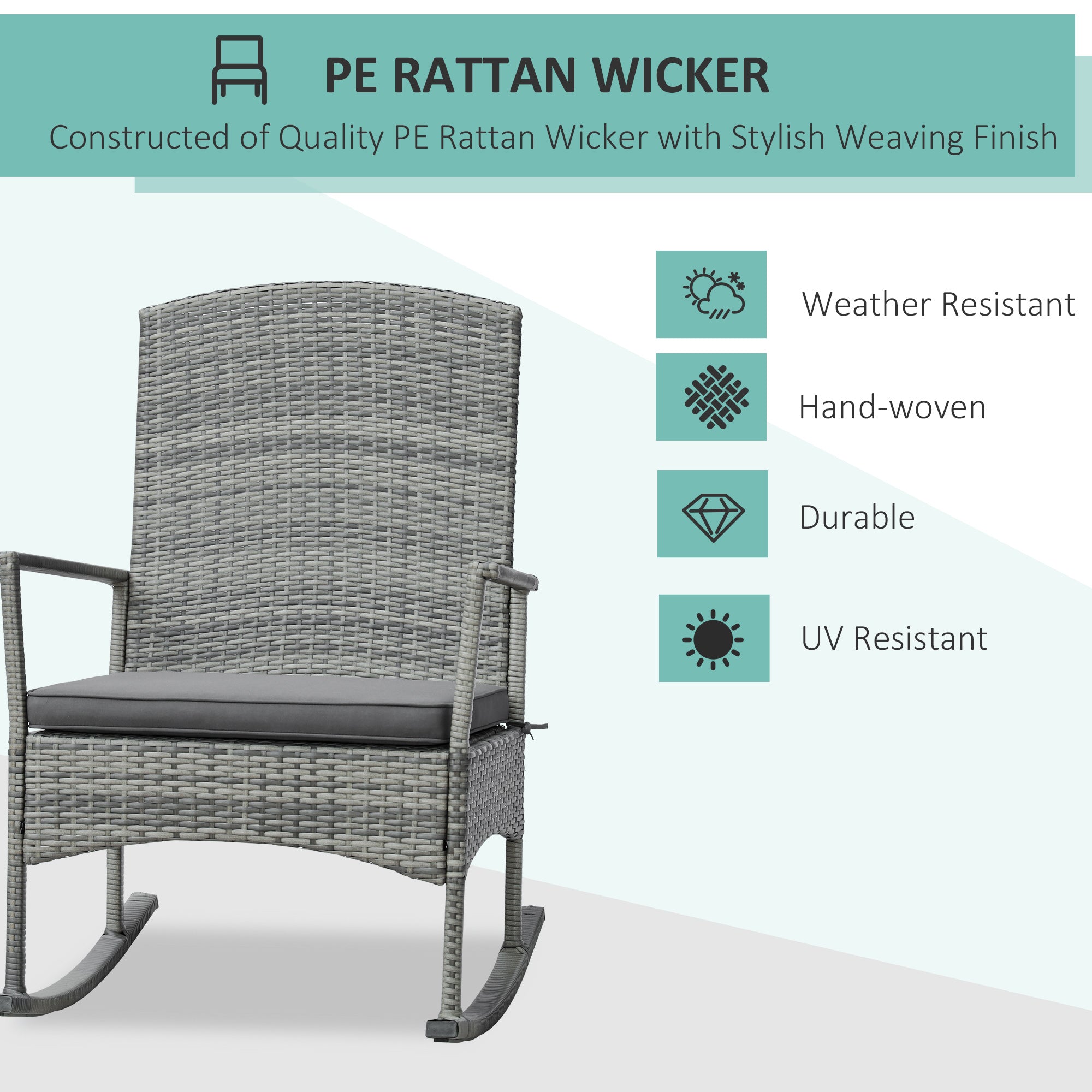 3 Piece Outdoor PE Rattan Rocking Chair Set, Patio Wicker Recliner Rocker Chair with Soft Cushion & Nature Wood Top Coffee Table, Gray