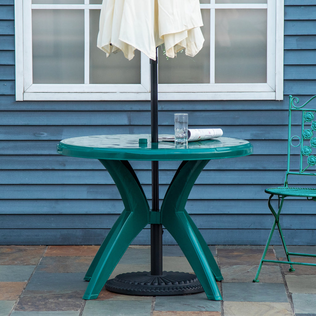 36.25" Dia Round Plastic Patio Table with Umbrella Hole, Outdoor Bistro Dining Table, for Bar, Garden, Backyard, Poolside, Yard, Green