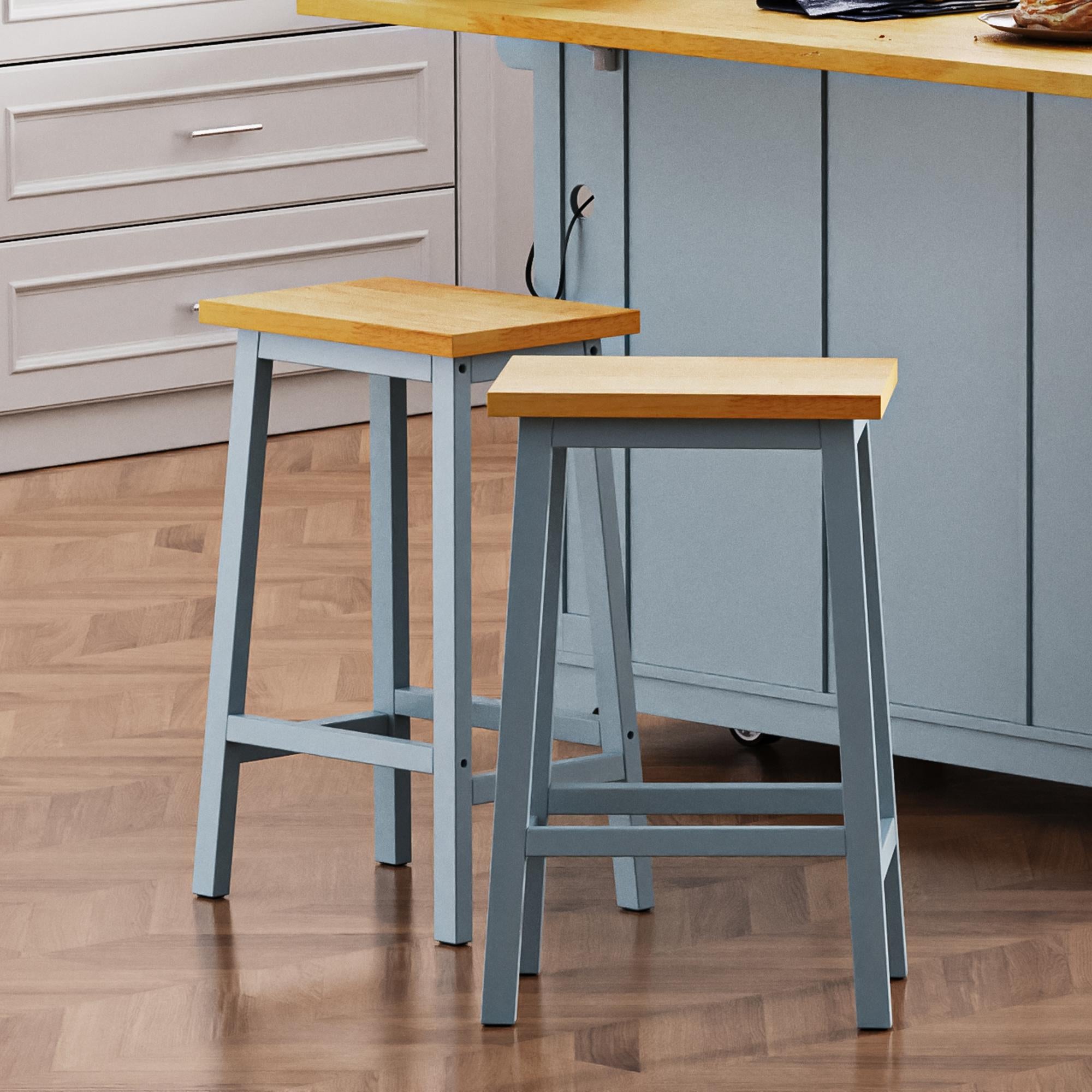 Solid Wood Bar Stools Set of 2, Tall Kitchen Counter Stools with Footrests, Farmhouse Style, Anti-Scratch Pads, 16" L x 11" W x 25.5" H, Gray+Blue