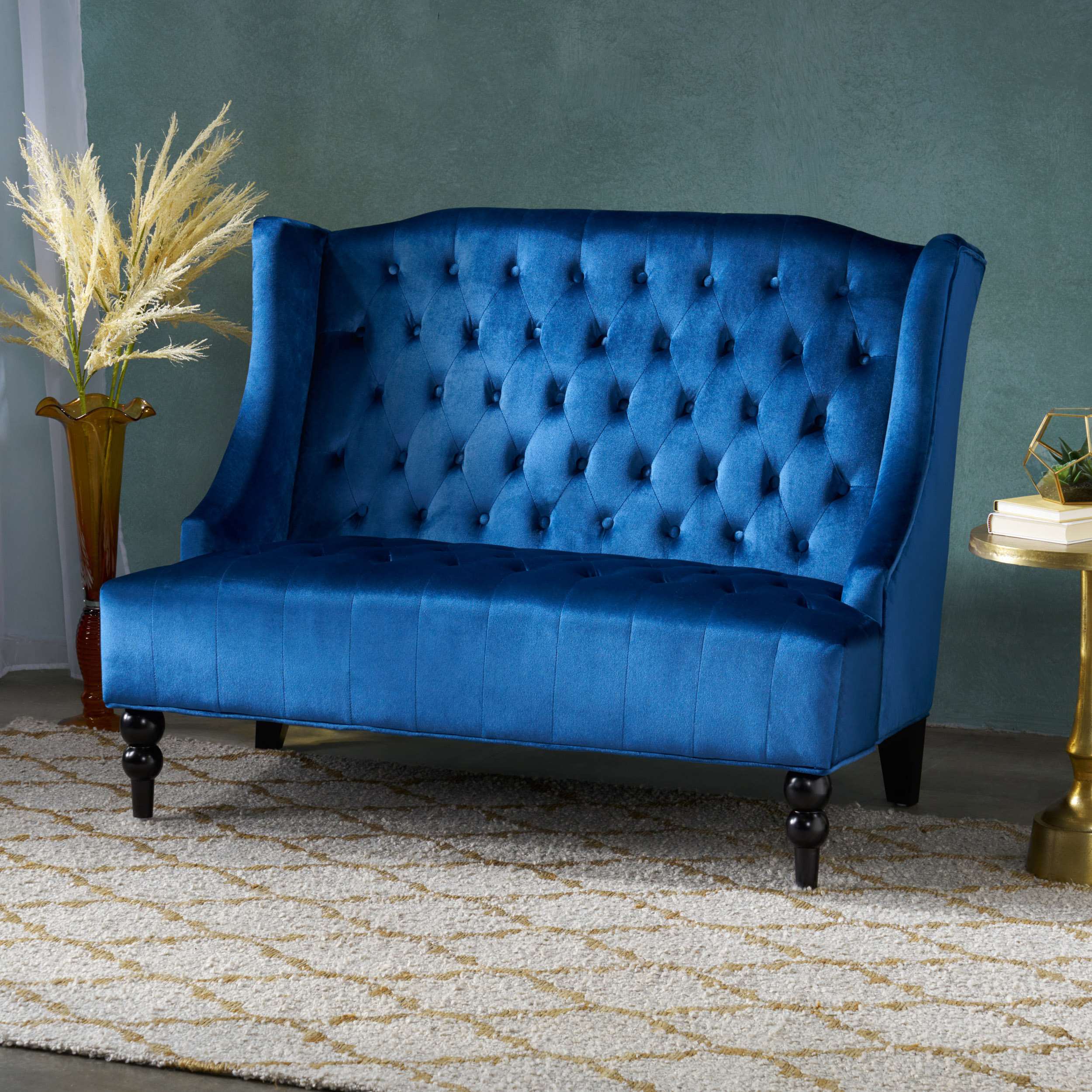 Modern Glam Loveseat Sofa with Velvet Upholstery, Wingback Design, Button-Tufted Diamond Stitch, 50.50" W x 34.00" D x 38.50" H, Navy Blue